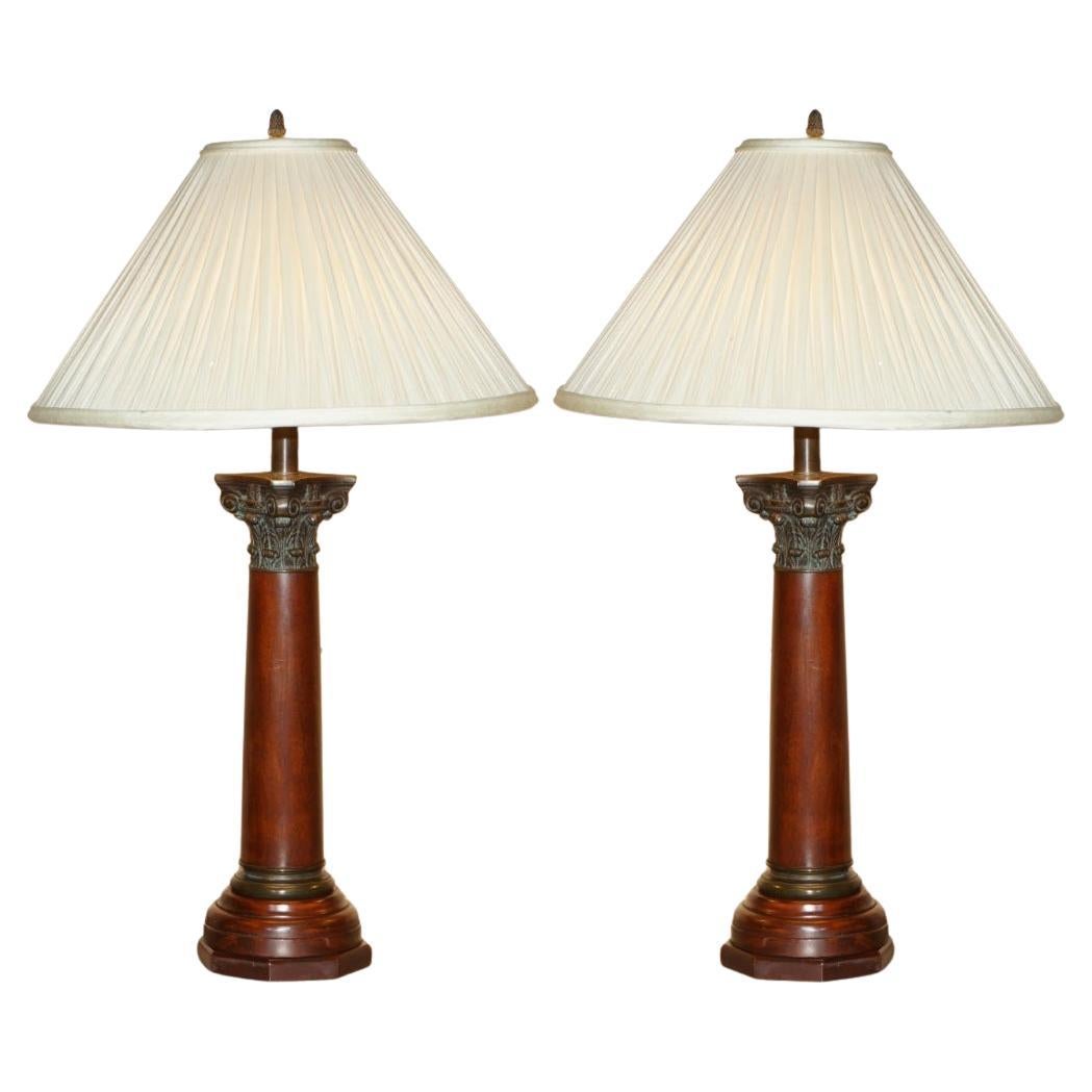 PAIR OF HUGE 95CM GRAND TOUR STYLE ROMAN CORiNTHIAN PILLAR BRASS DESK LAMPS For Sale
