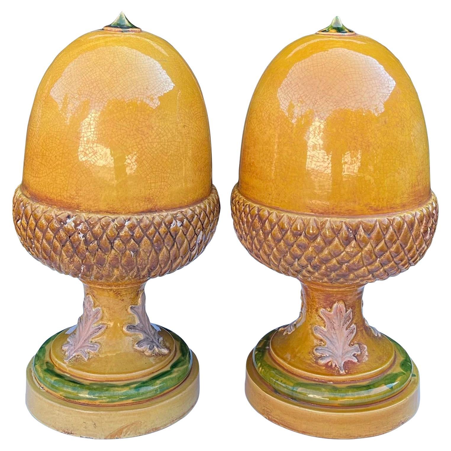 Pair of Huge Acorn Form Majolica Pottery Finials, a Pair