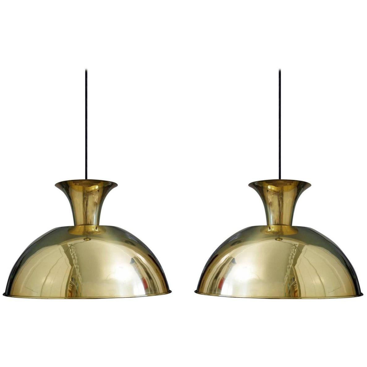 Pair of German Vintage Huge and Rare Solid Brass Pendant Lights 1960s