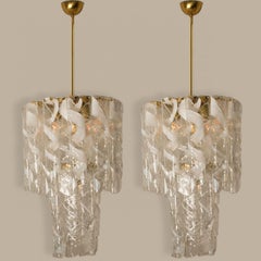 Pair of Huge Brass White Spiral Murano Glass "Torciglione" Chandeliers, 1960
