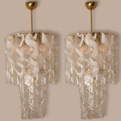 Pair of Huge Brass White Spiral Murano Glass "Torciglione" Chandeliers, 1960