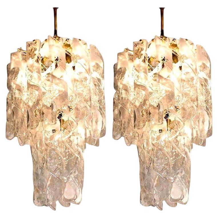 Pair of Huge Brass White Spiral Murano Glass "Torciglione" Chandeliers, 1960 For Sale