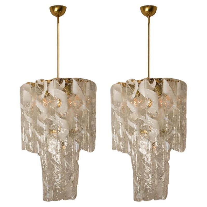 Pair of Huge Brass White Spiral Murano Glass "Torciglione" Chandeliers, 1960 For Sale