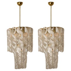 Pair of Huge Brass White Spiral Murano Glass "Torciglione" Chandeliers, 1960