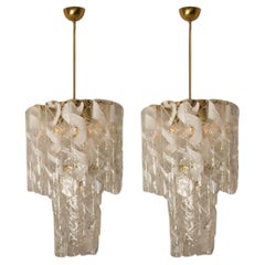 Pair of Huge Brass White Spiral Murano Glass "Torciglione" Chandeliers, 1960