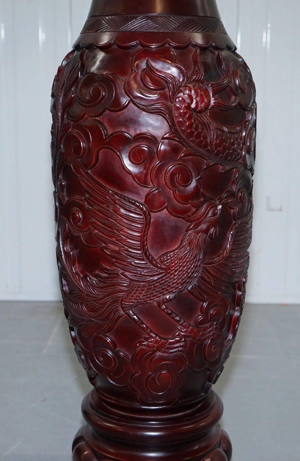Pair of Huge Chinese Hand-Carved Wood Cinnabar Dragon and Bird Vases 2