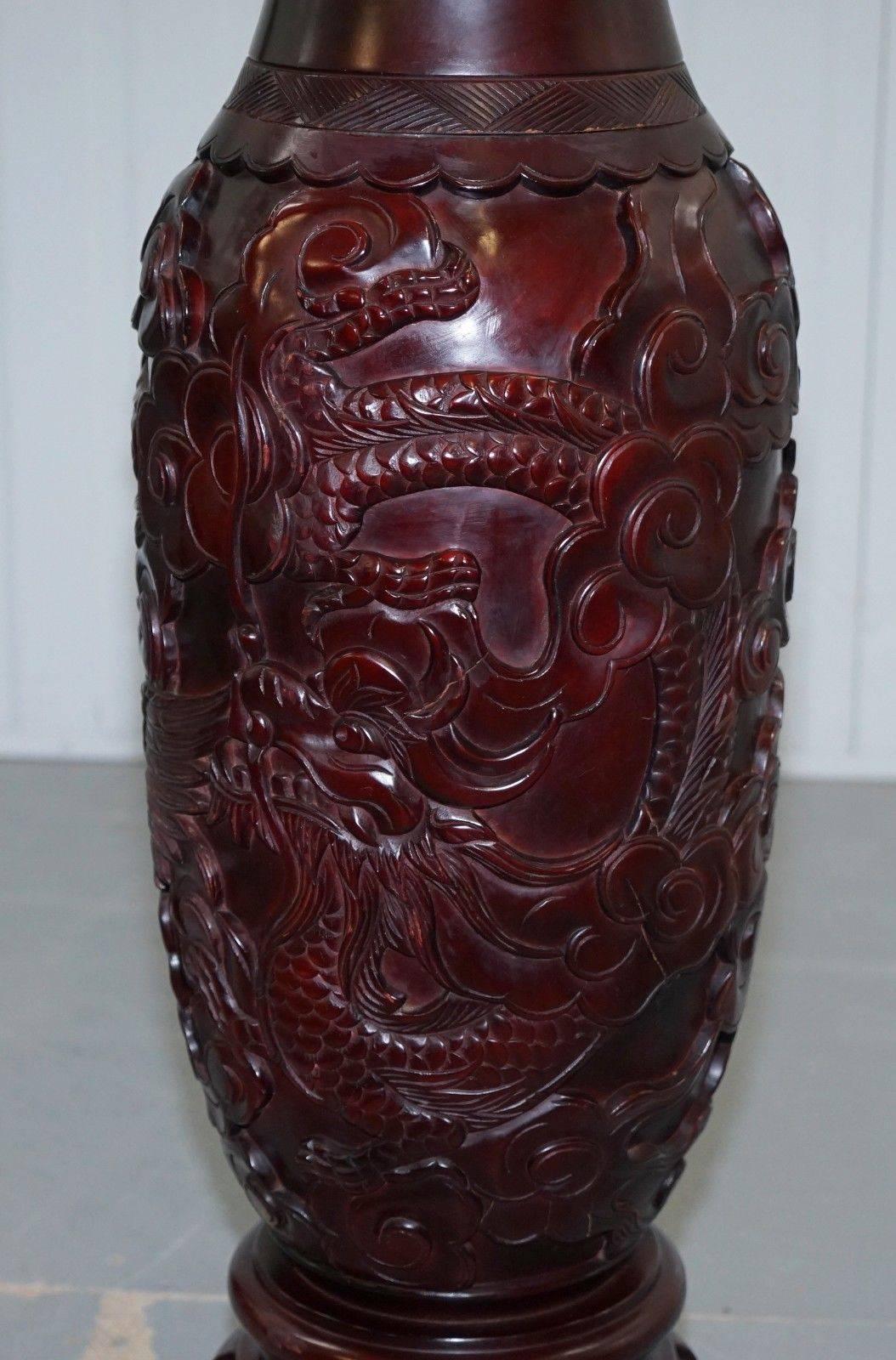 Pair of Huge Chinese Hand-Carved Wood Cinnabar Dragon and Bird Vases 3