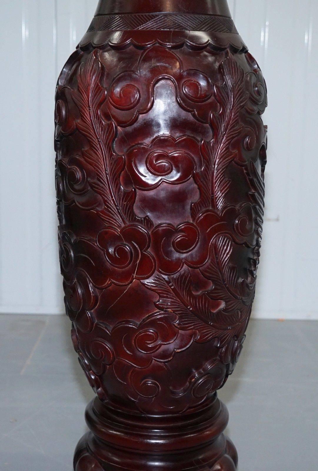 Chinese Export Pair of Huge Chinese Hand-Carved Wood Cinnabar Dragon and Bird Vases