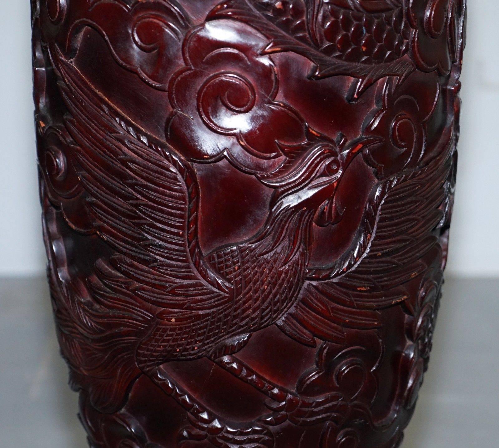 Hand-Crafted Pair of Huge Chinese Hand-Carved Wood Cinnabar Dragon and Bird Vases