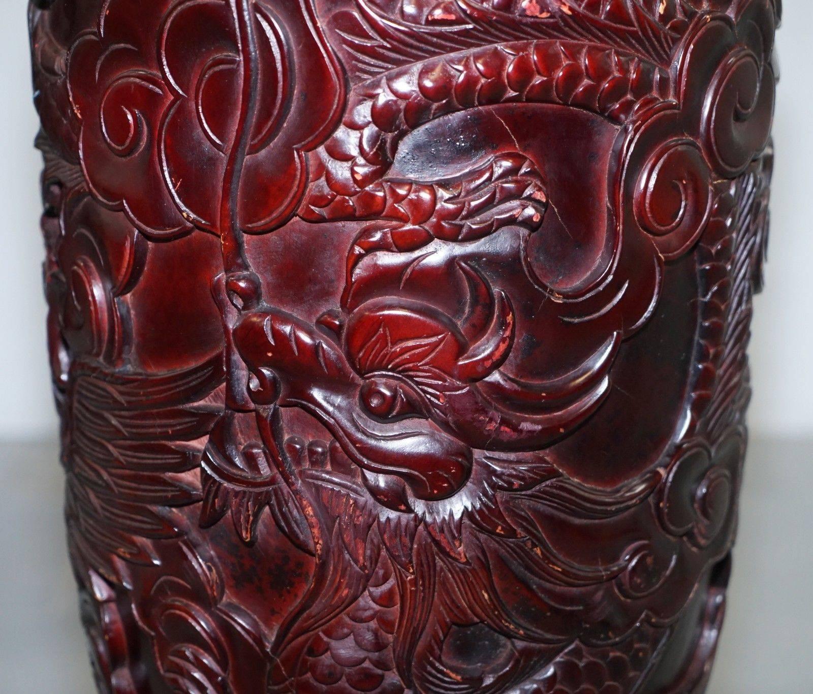 20th Century Pair of Huge Chinese Hand-Carved Wood Cinnabar Dragon and Bird Vases