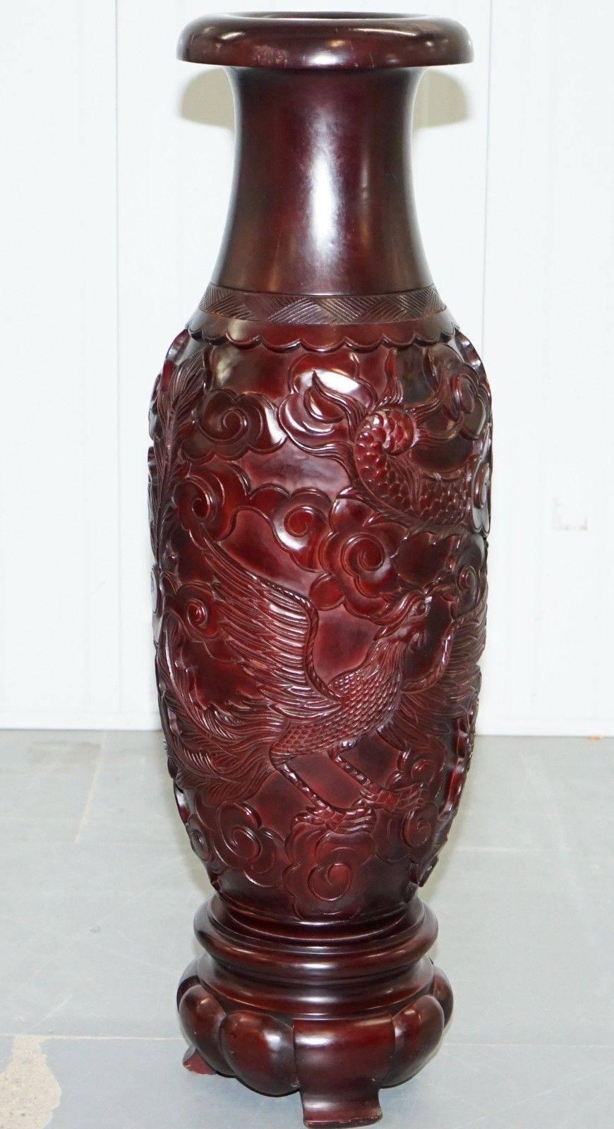 Hardwood Pair of Huge Chinese Hand-Carved Wood Cinnabar Dragon and Bird Vases