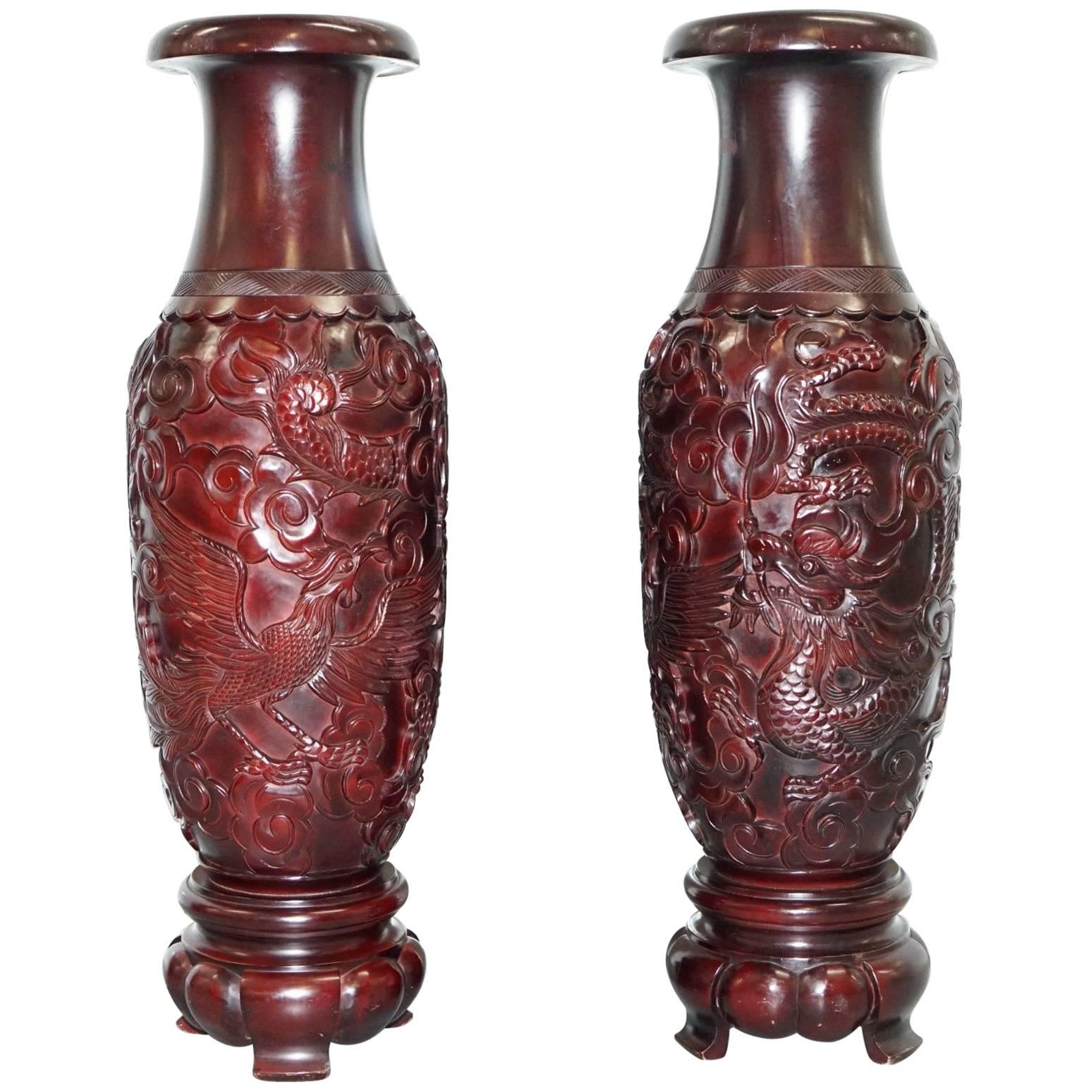 Pair of Huge Chinese Hand-Carved Wood Cinnabar Dragon and Bird Vases