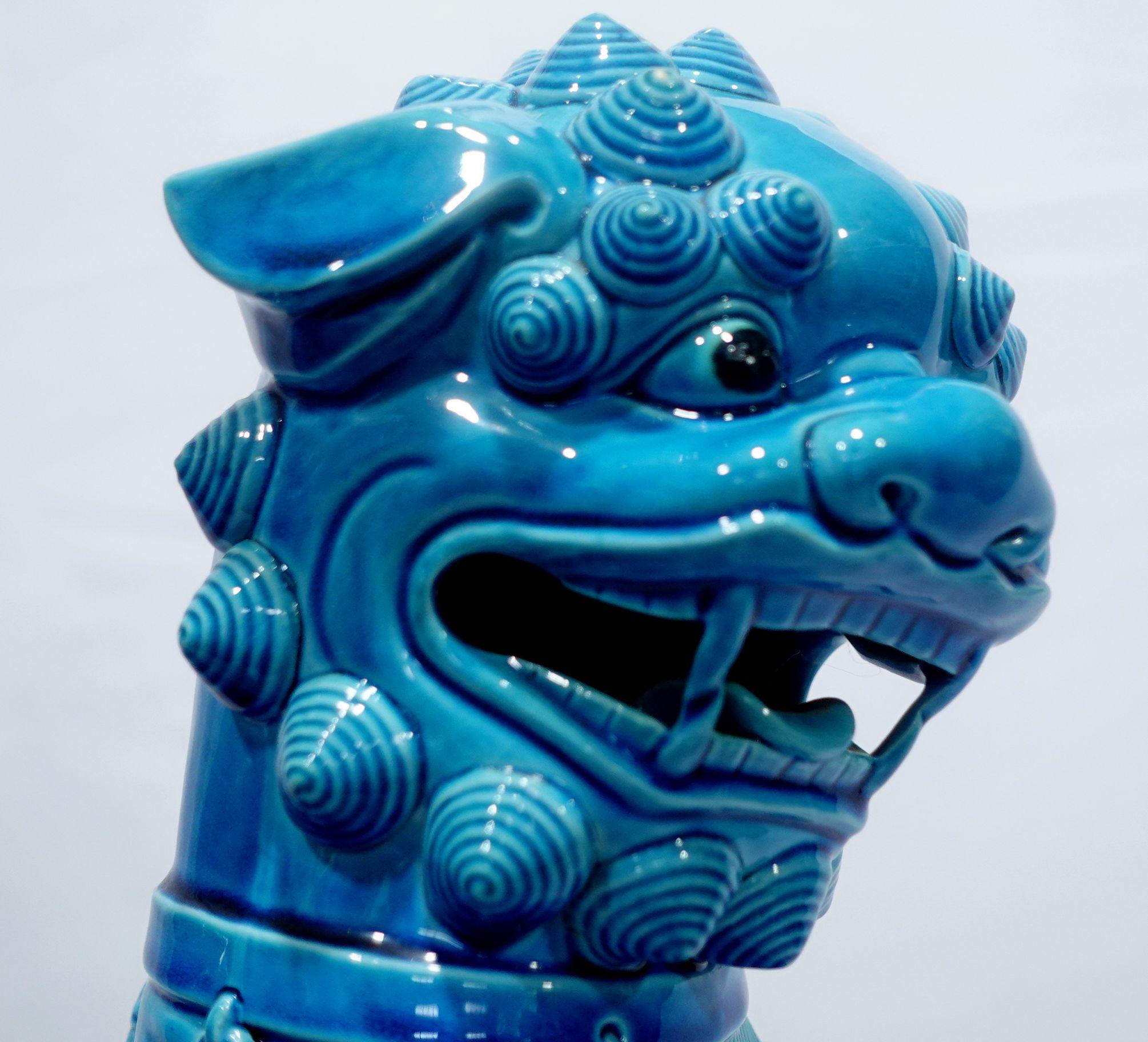  Paire de grands chiens Foo chinois montés sur porcelaine émaillée turquoise RF#01/02 en vente 3