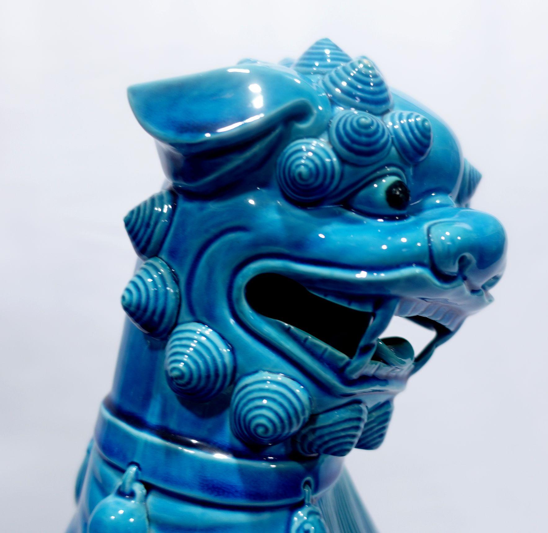  Paire de grands chiens Foo chinois montés sur porcelaine émaillée turquoise RF#01/02 en vente 4