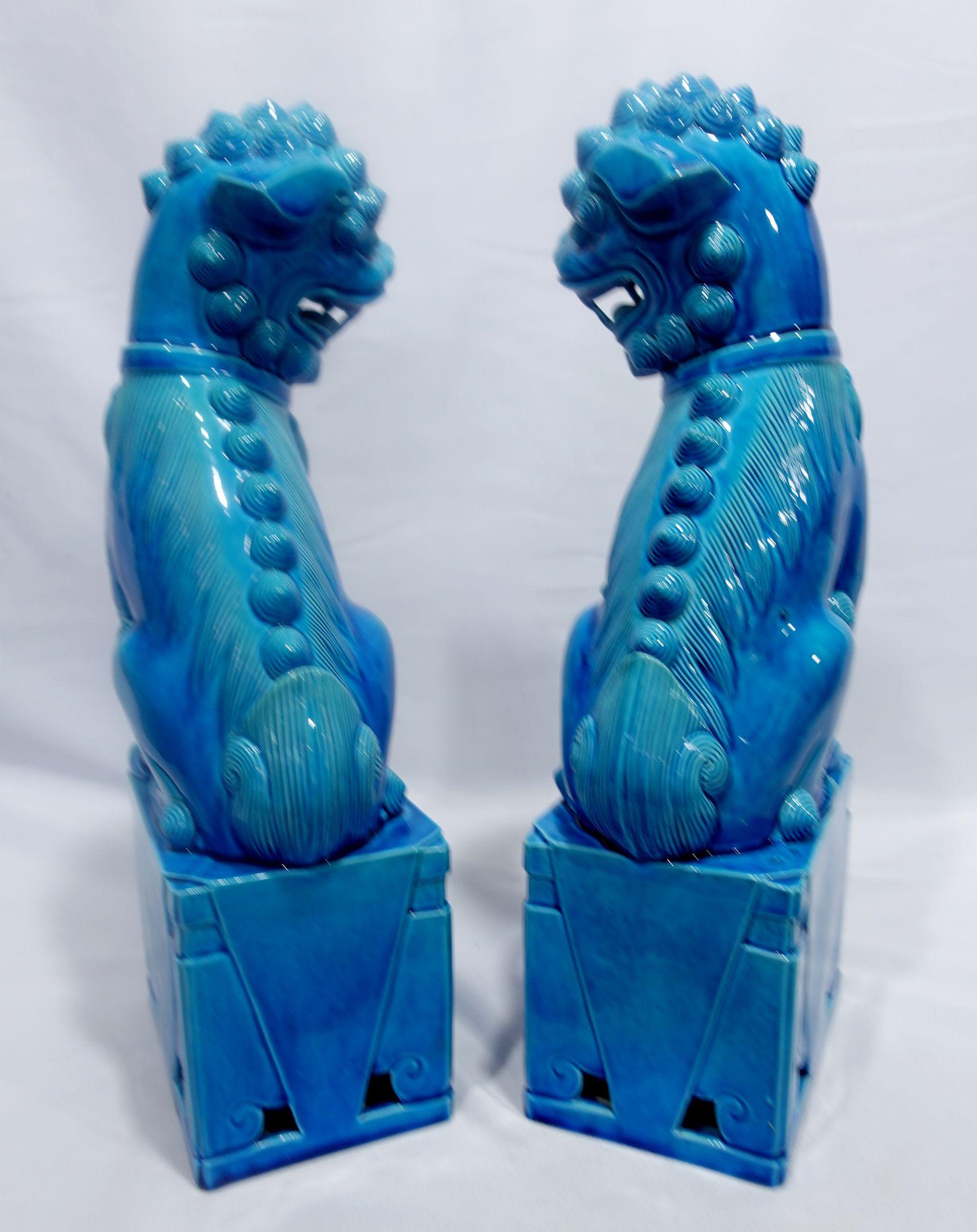  Paire de grands chiens Foo chinois montés sur porcelaine émaillée turquoise RF#01/02 en vente 8