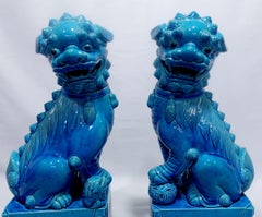 Pair of Huge Chinese Turquoise Glazed Porcelain Mounted Foo Dogs RF#01/02