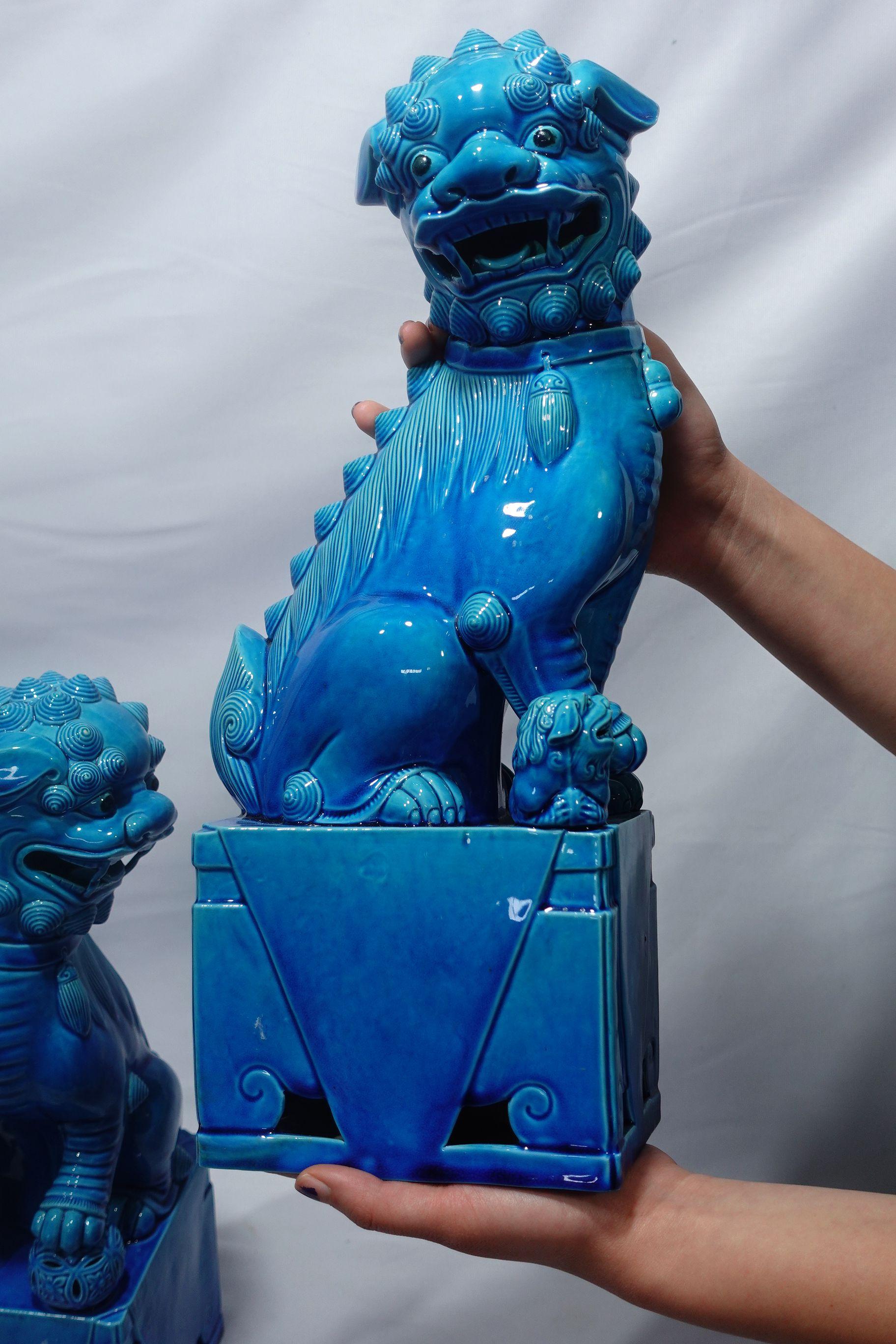  Paire de grands chiens Foo chinois montés sur porcelaine émaillée turquoise RF#01/02 en vente 12