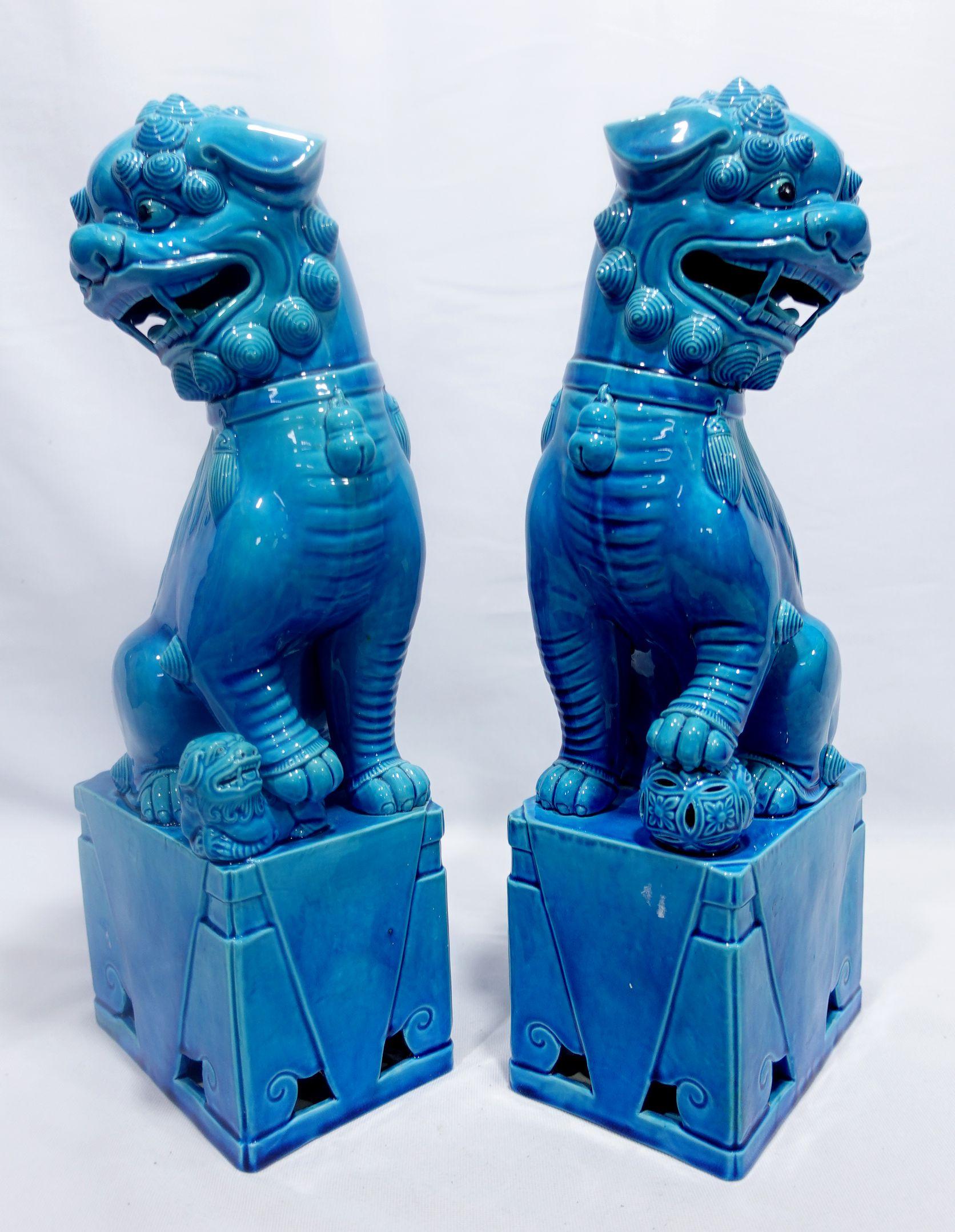 Hand-Crafted  Pair of Huge Chinese Turquoise Glazed Porcelain Mounted Foo Dogs RF#01/02 For Sale