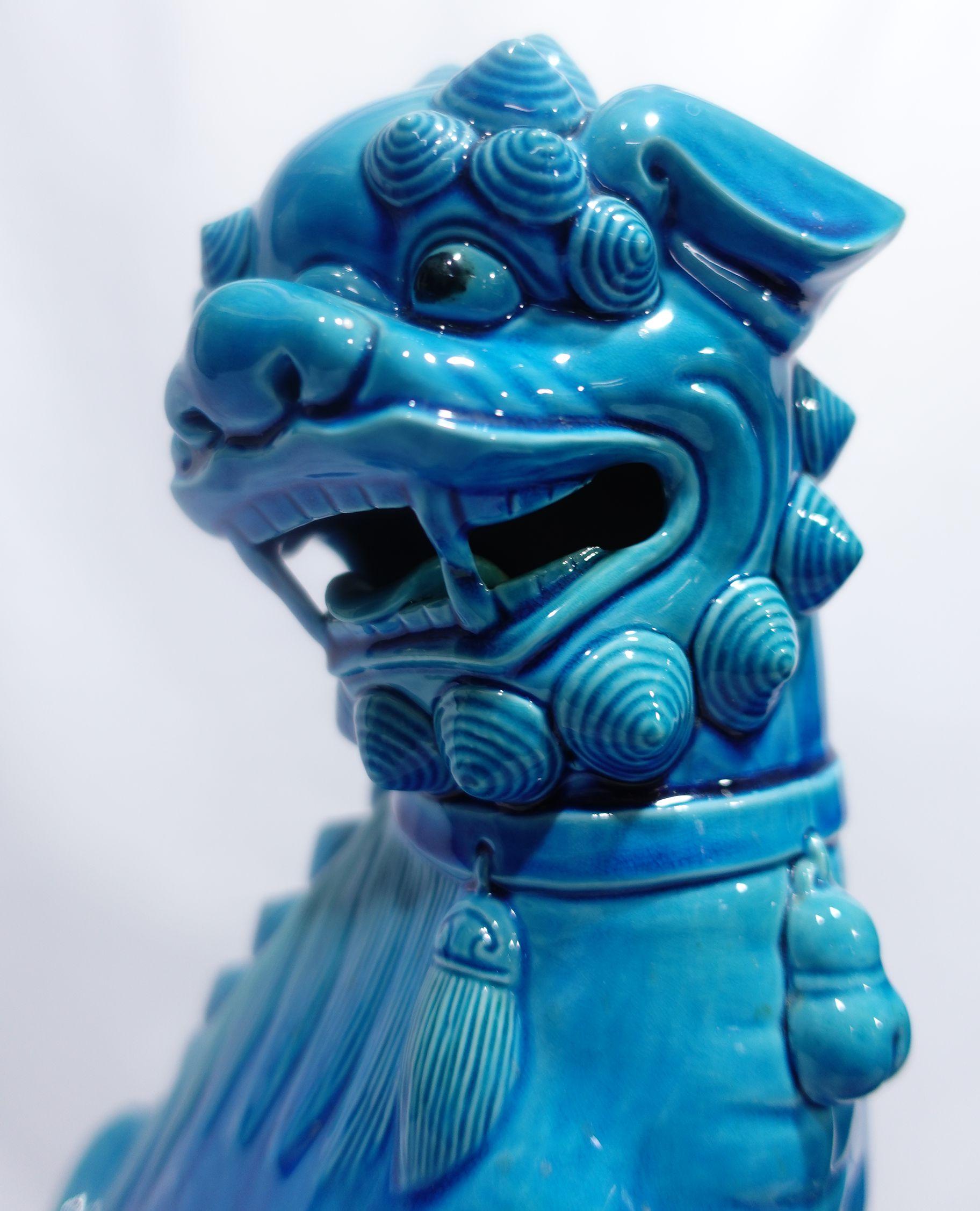  Pair of Huge Chinese Turquoise Glazed Porcelain Mounted Foo Dogs RF#01/02 In Excellent Condition For Sale In Norton, MA