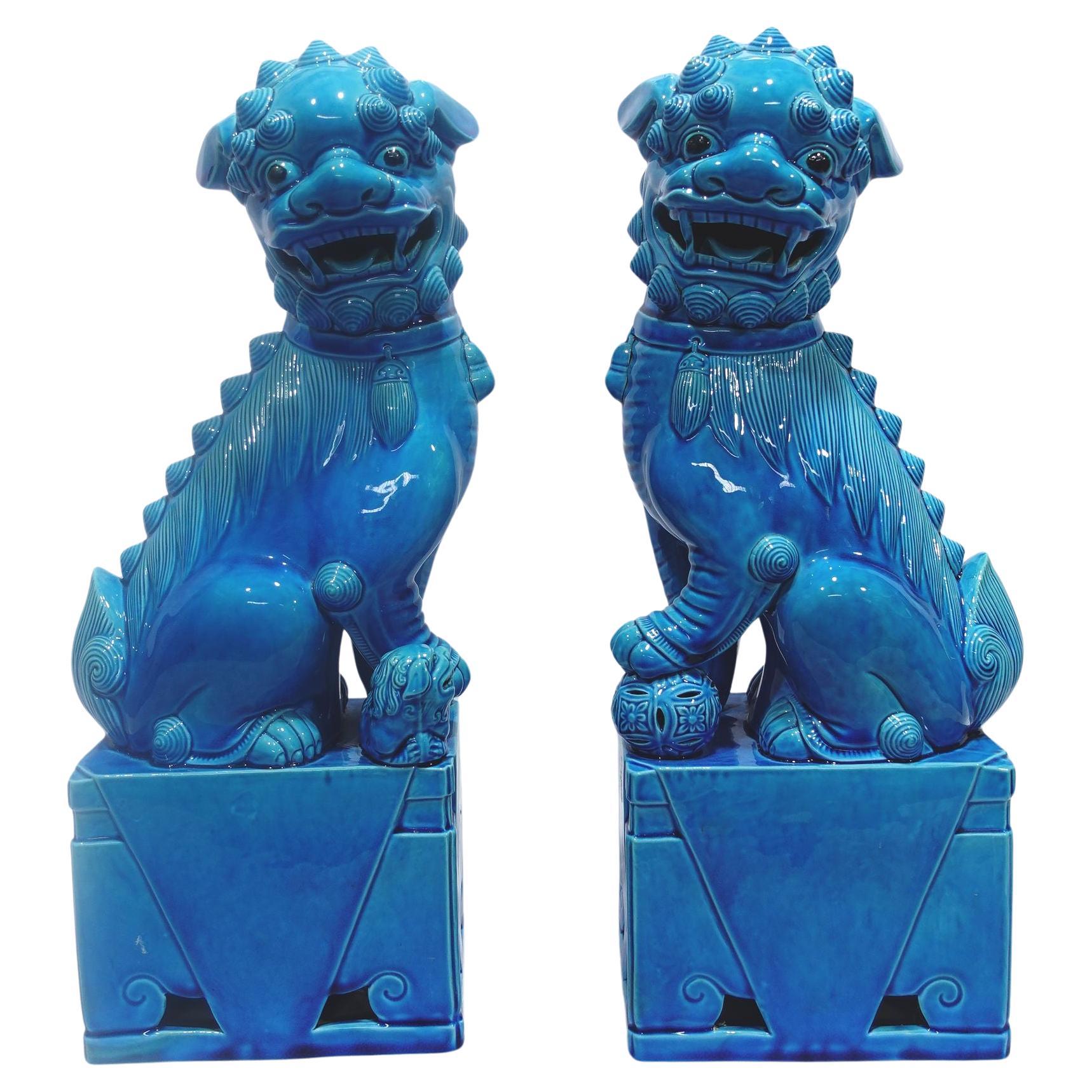  Paire de grands chiens Foo chinois montés sur porcelaine émaillée turquoise RF#01/02