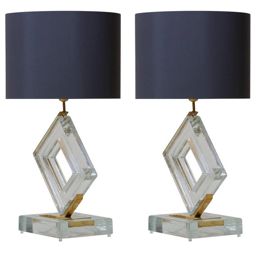 Pair of Huge Clear Murano Glass and Brass Table Lamps