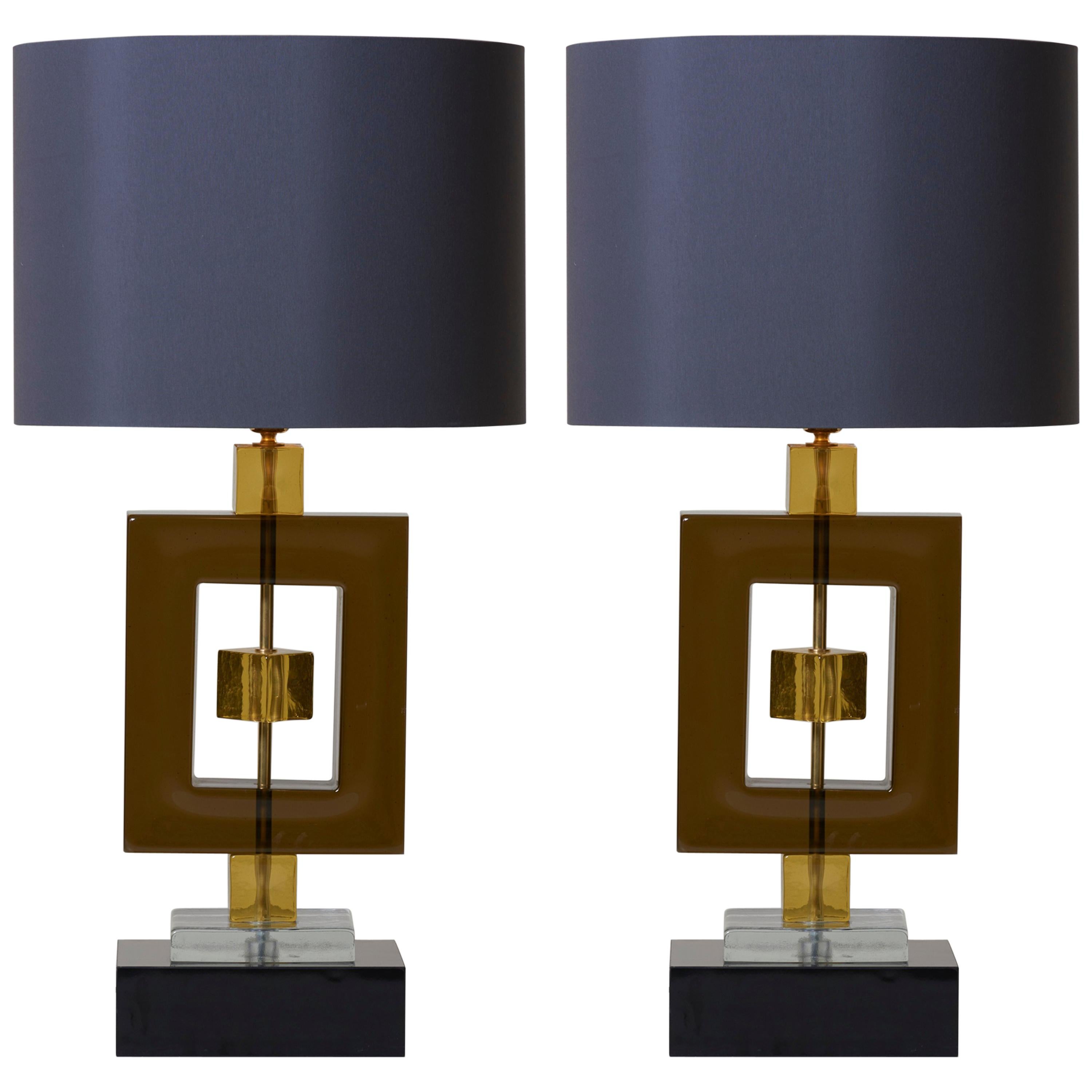 Pair of Huge Colored Murano Glass and Brass Table Lamps