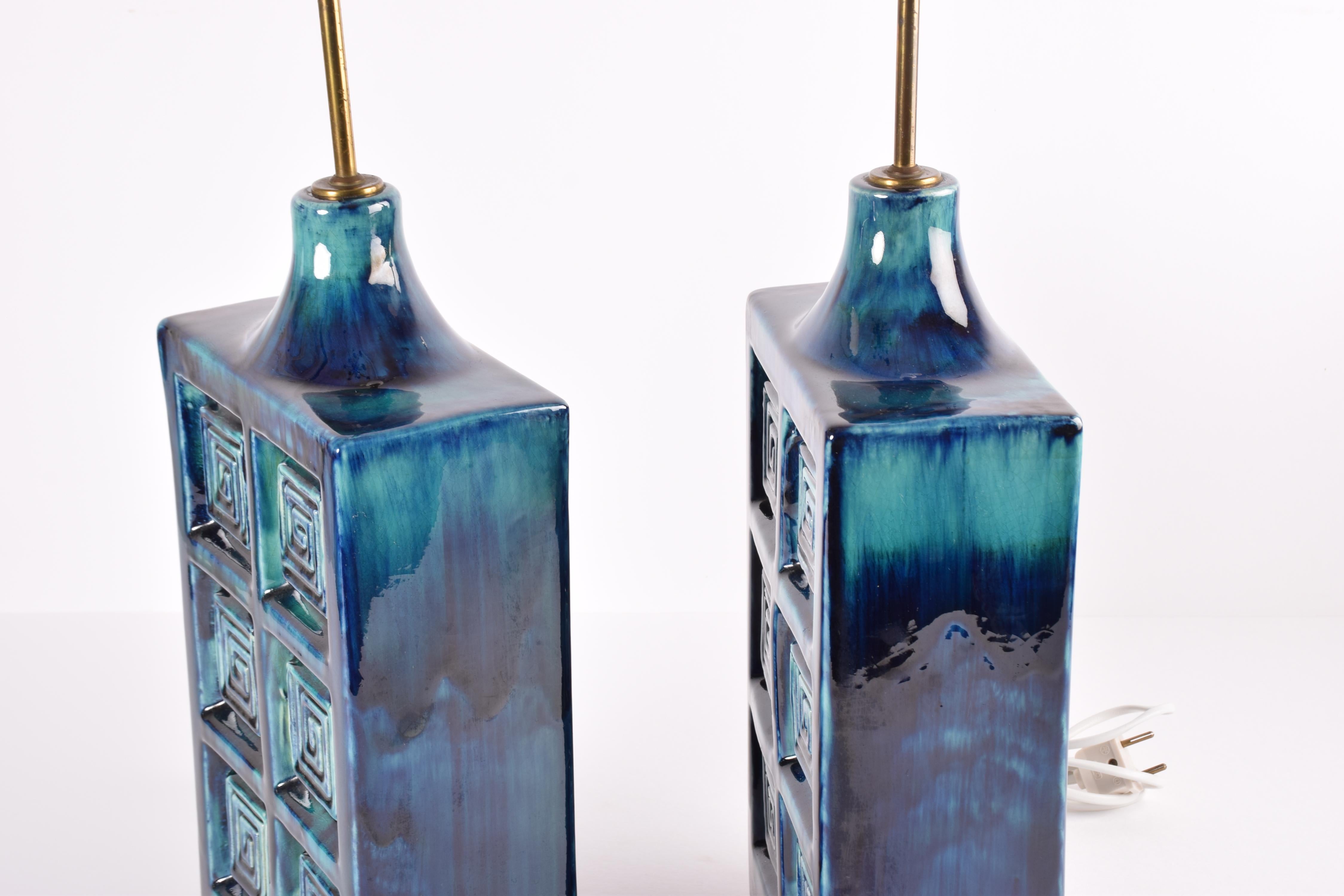Pair of Huge Danish Modern Blue Ceramic & Brass Table Lamps by S Holstein, 1960s 5