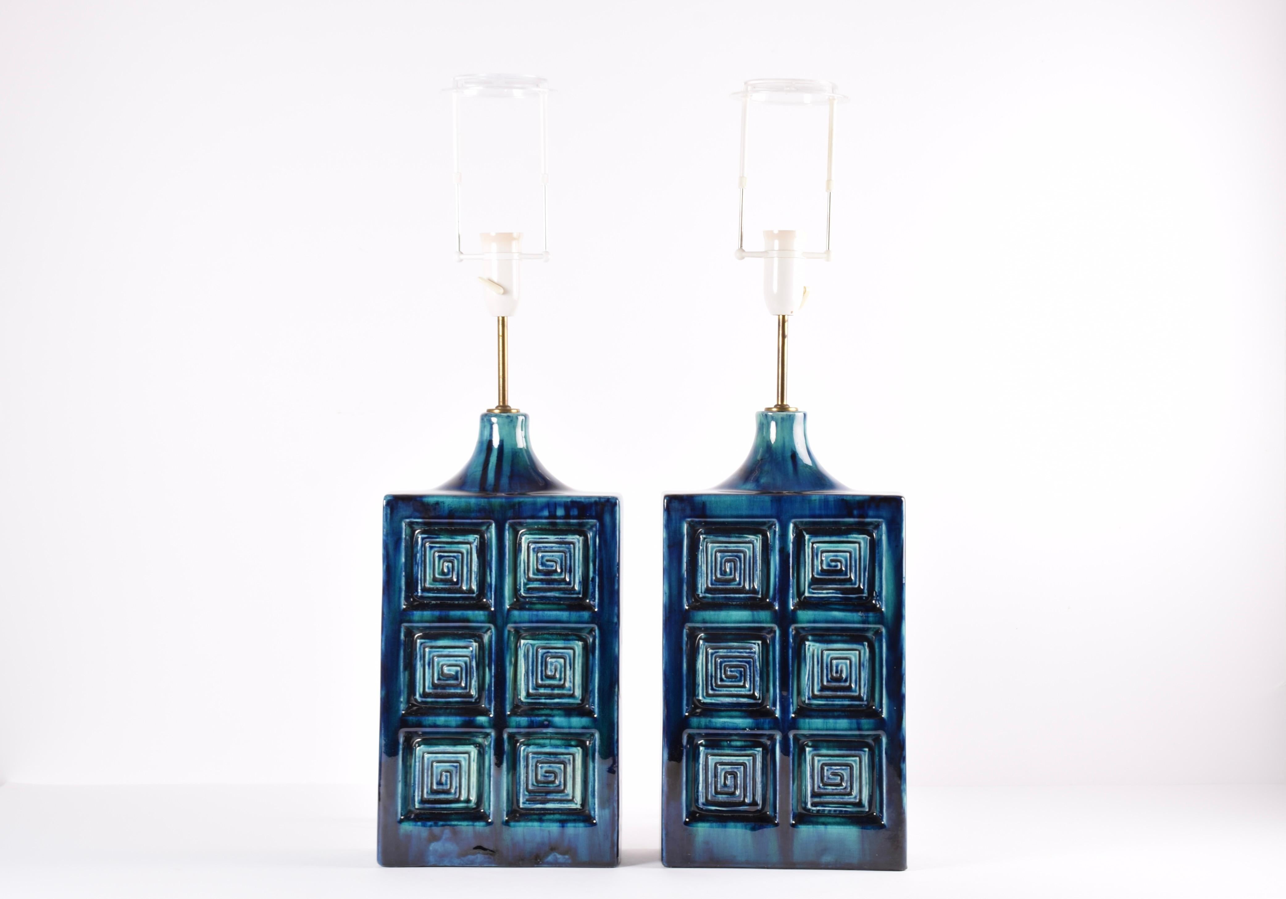 Mid-Century Modern Pair of Huge Danish Modern Blue Ceramic & Brass Table Lamps by S Holstein, 1960s