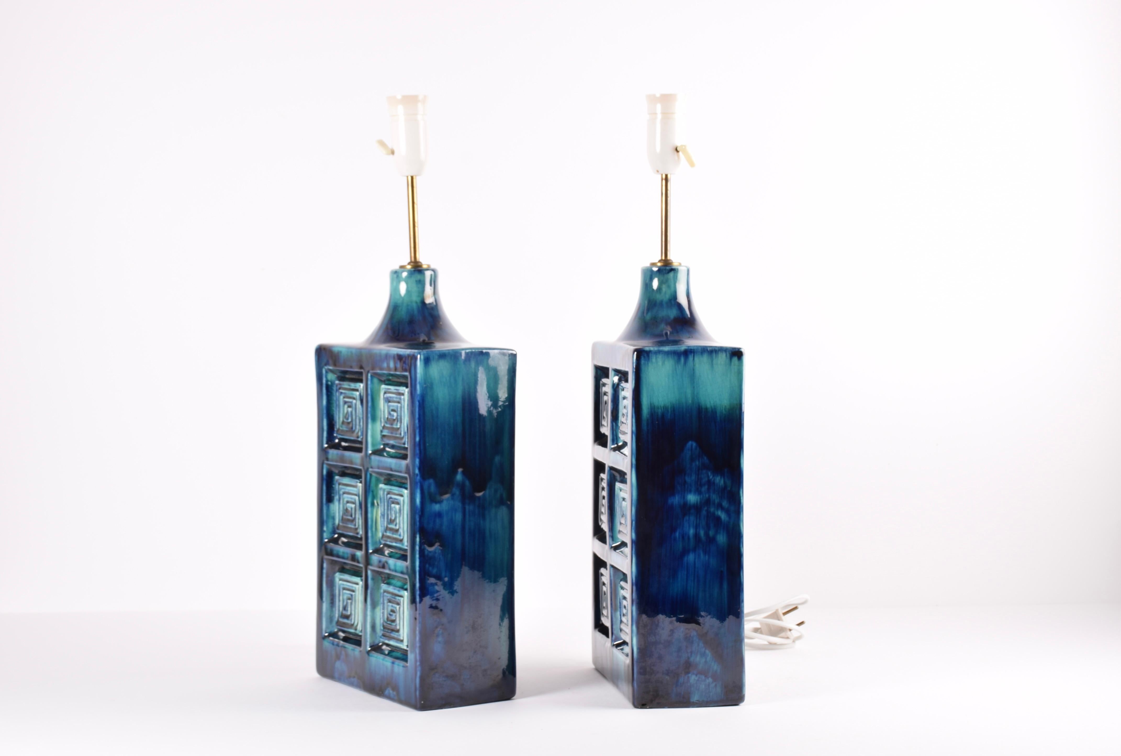 Glazed Pair of Huge Danish Modern Blue Ceramic & Brass Table Lamps by S Holstein, 1960s