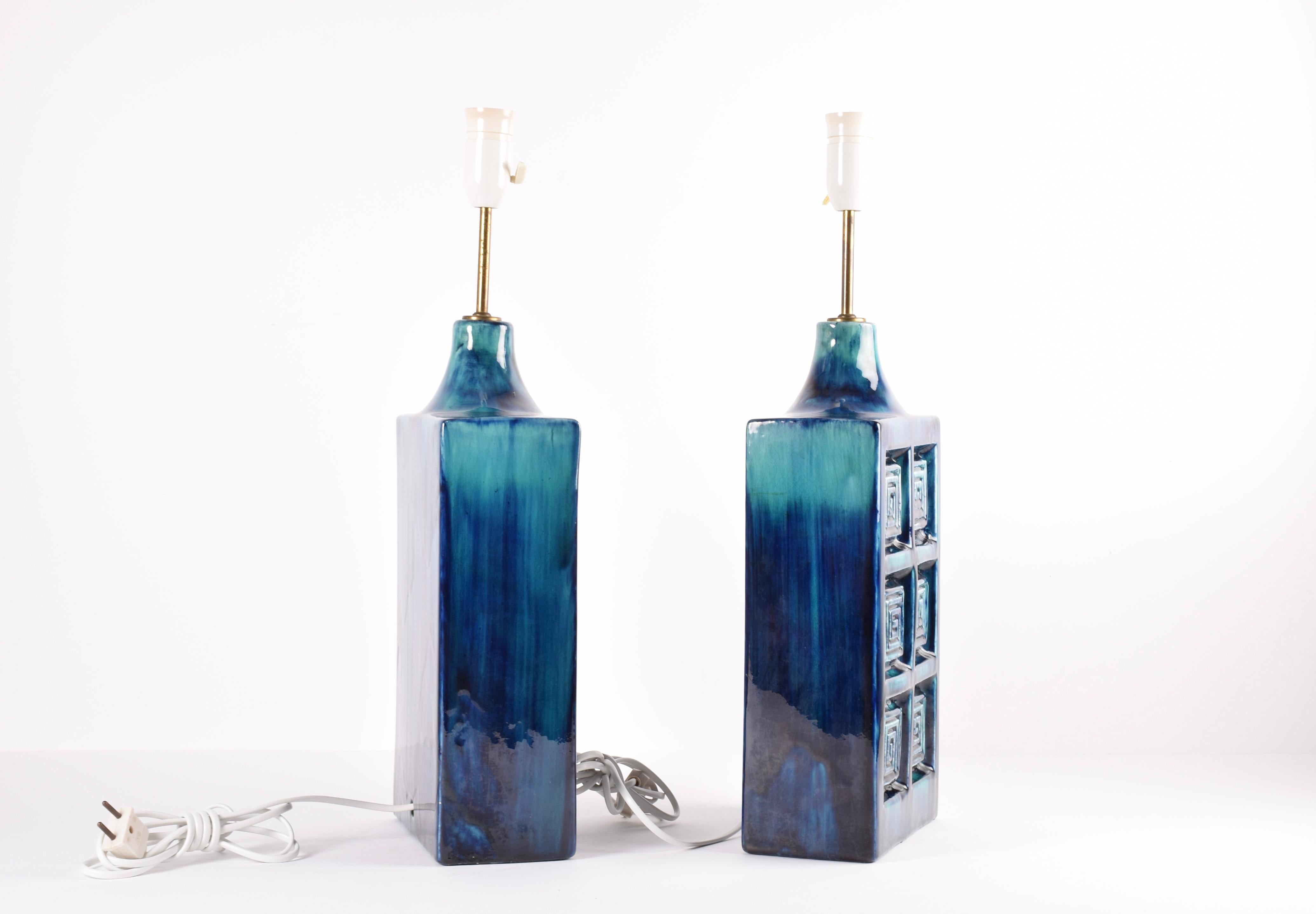 Mid-20th Century Pair of Huge Danish Modern Blue Ceramic & Brass Table Lamps by S Holstein, 1960s