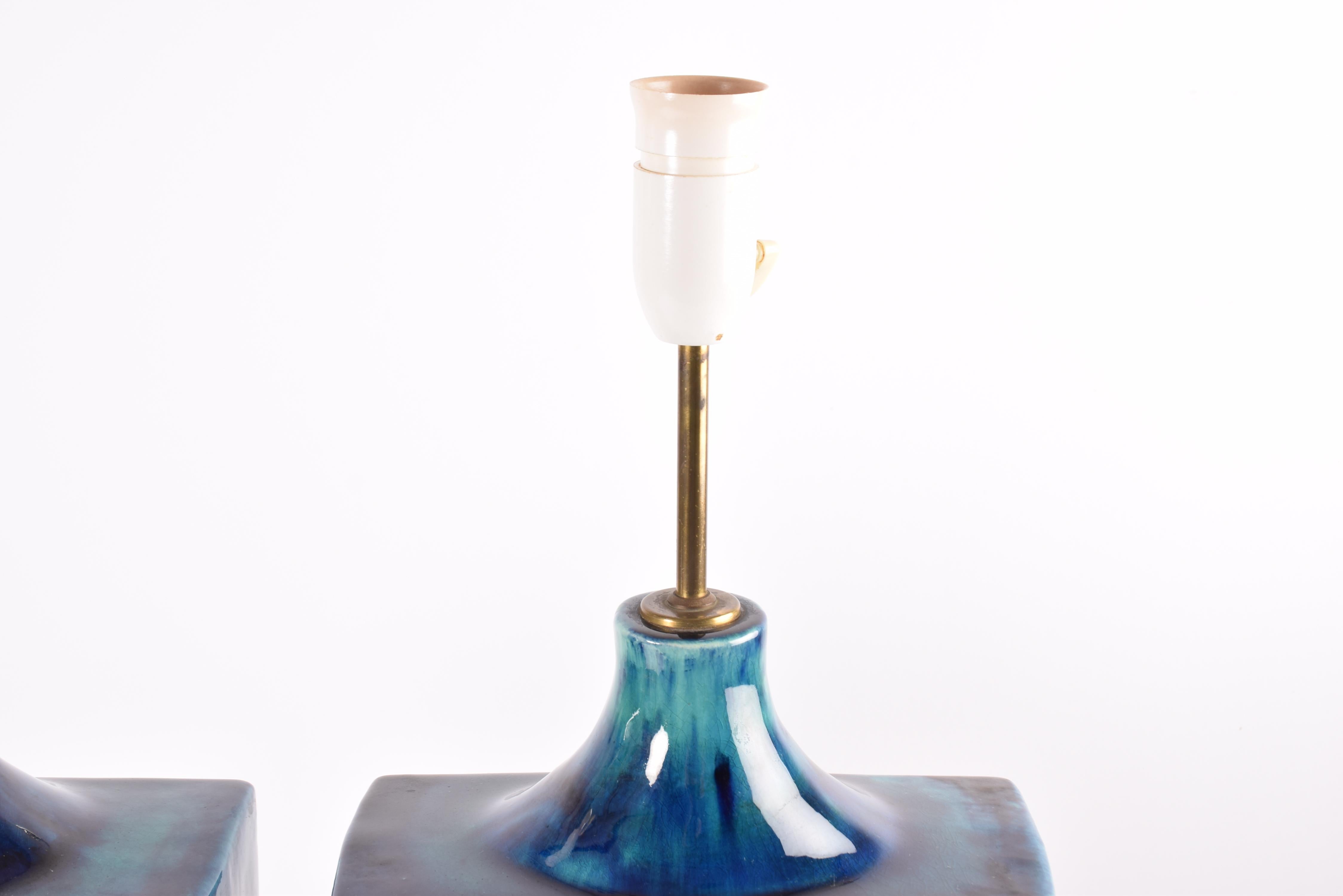 Pair of Huge Danish Modern Blue Ceramic & Brass Table Lamps by S Holstein, 1960s 2