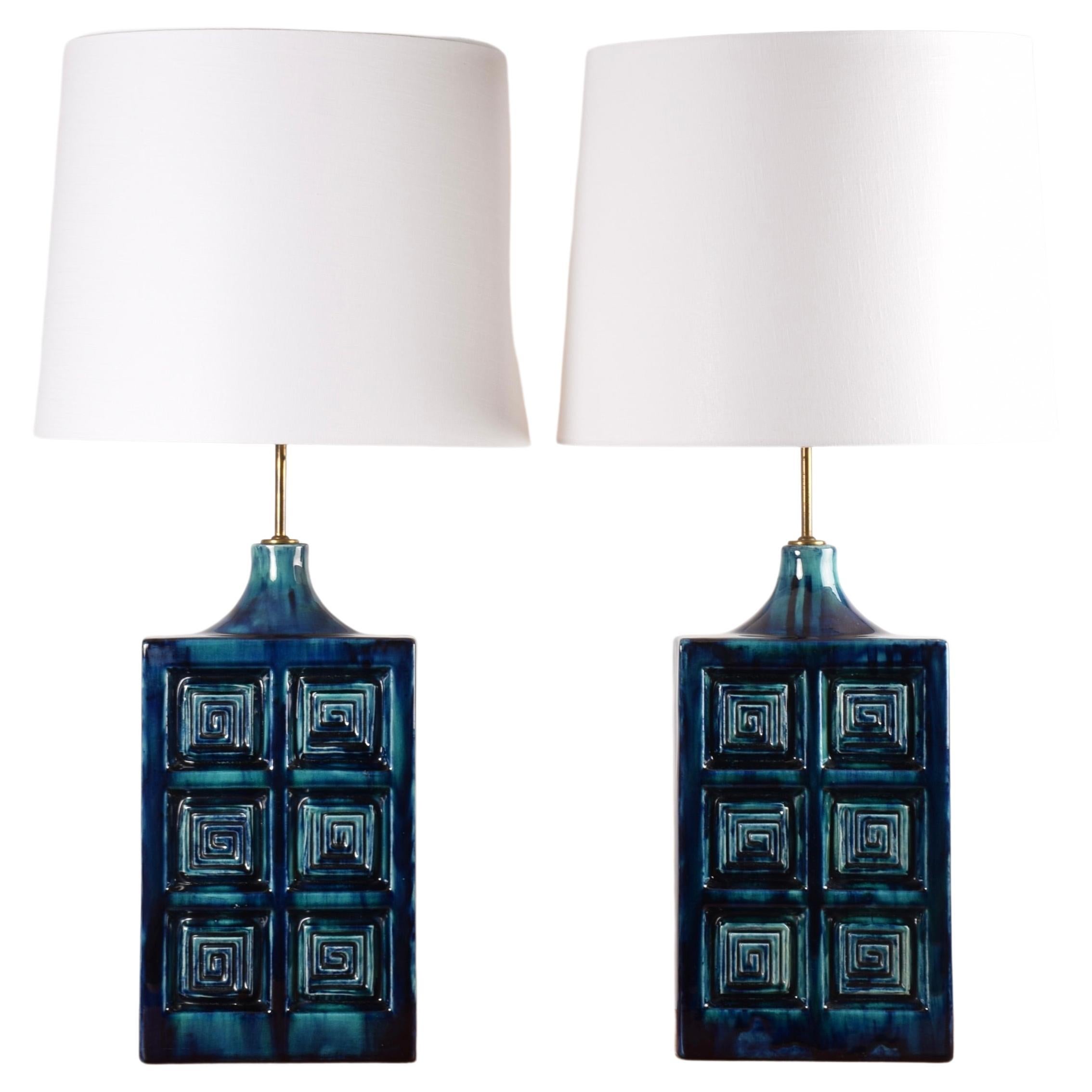 Pair of Huge Danish Modern Blue Ceramic & Brass Table Lamps by S Holstein, 1960s