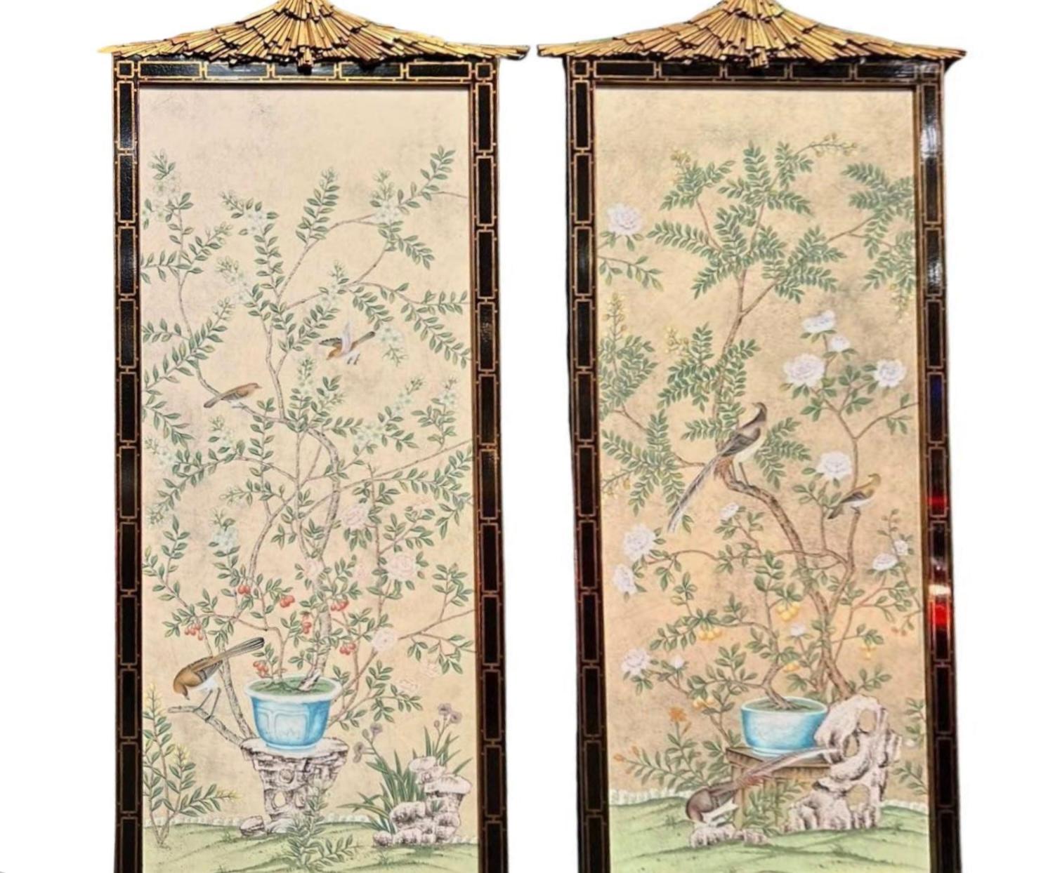 Pair of Dessin Fournir Chinoiserie Style Aviary Panels, with watercolor highlights, in partial gilt frames and pediments. 