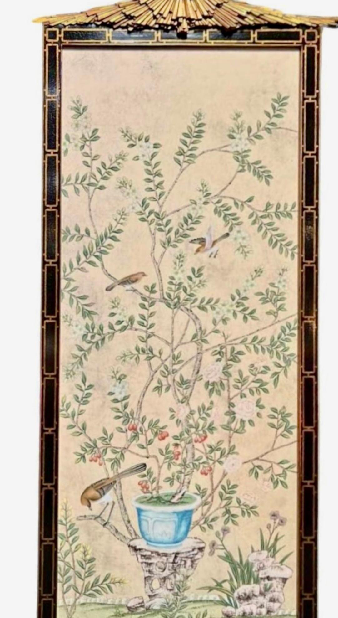 American Pair of Huge Dessin Fournir Chinoiserie Giltwood & Black Lacquer Aviary Panel