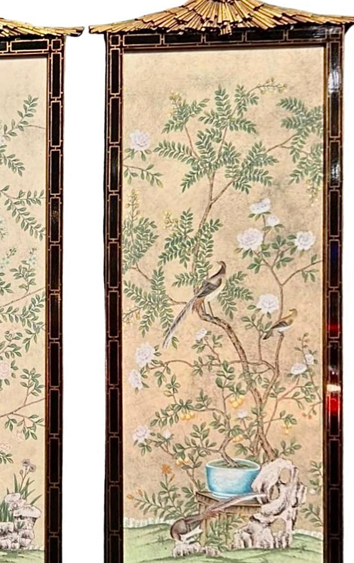 Pair of Huge Dessin Fournir Chinoiserie Giltwood & Black Lacquer Aviary Panel In Good Condition In LOS ANGELES, CA