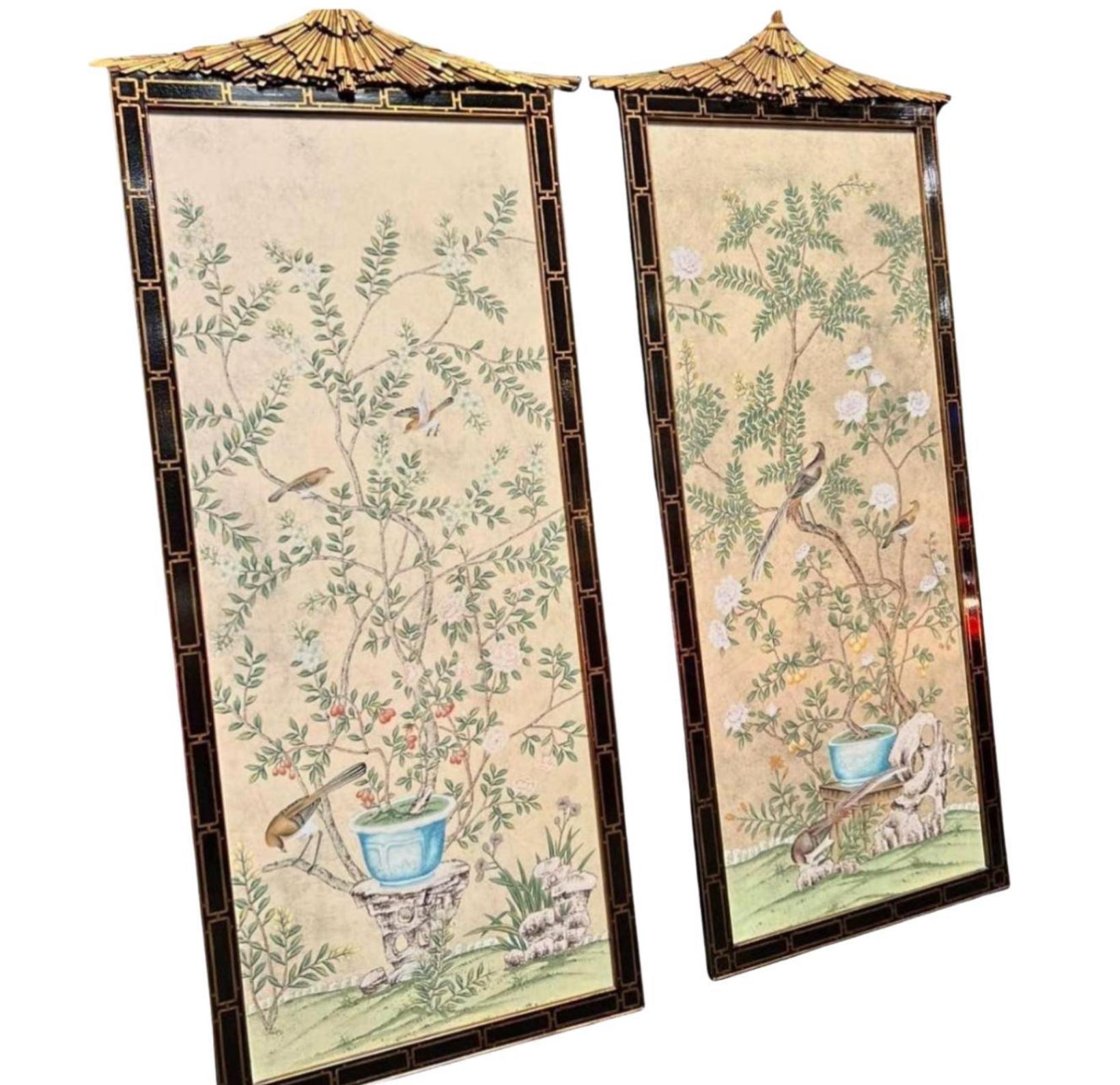 Late 20th Century Pair of Huge Dessin Fournir Chinoiserie Giltwood & Black Lacquer Aviary Panel