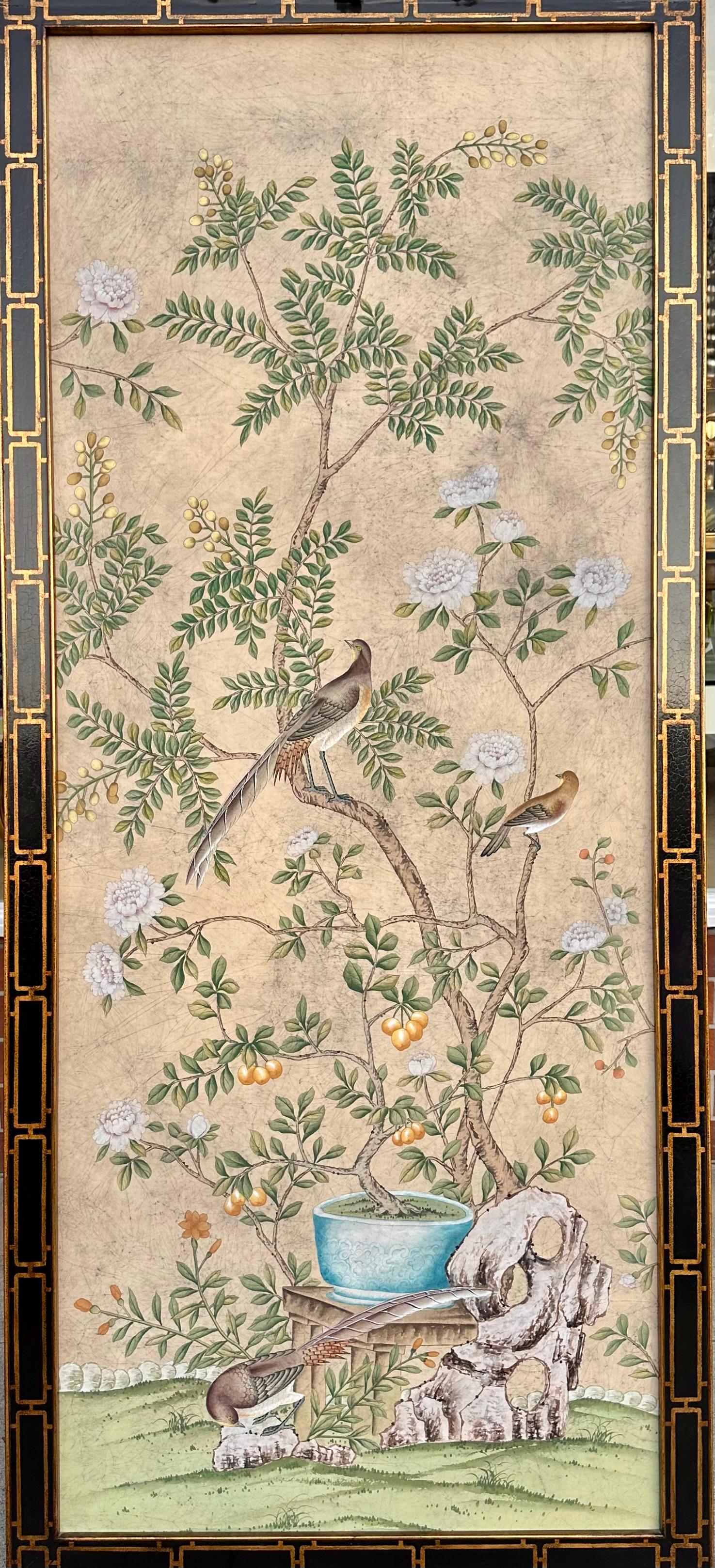 Pair of Huge Dessin Fournir Chinoiserie Giltwood & Black Lacquer Aviary Panel 1
