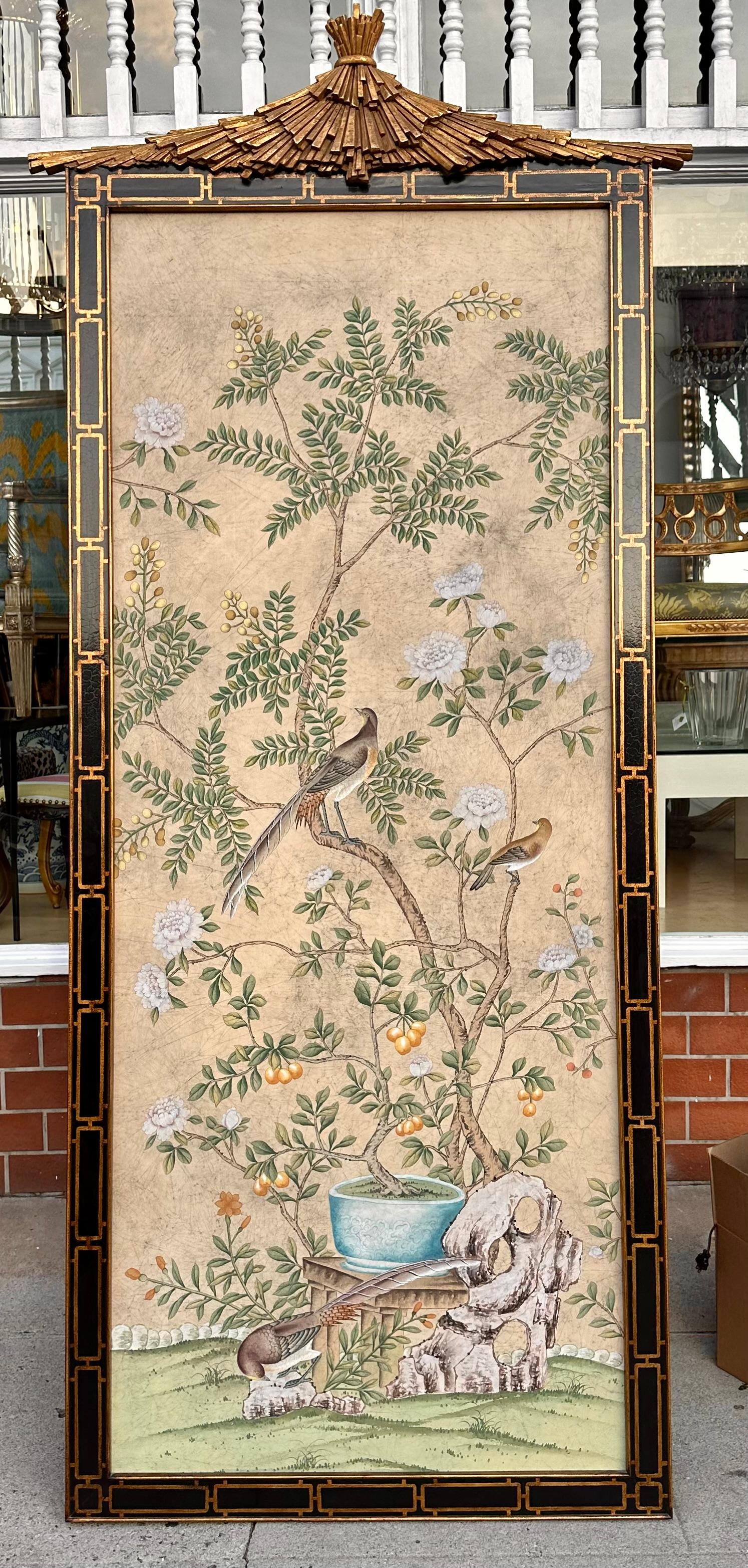 Pair of Huge Dessin Fournir Chinoiserie Giltwood & Black Lacquer Aviary Panel 2
