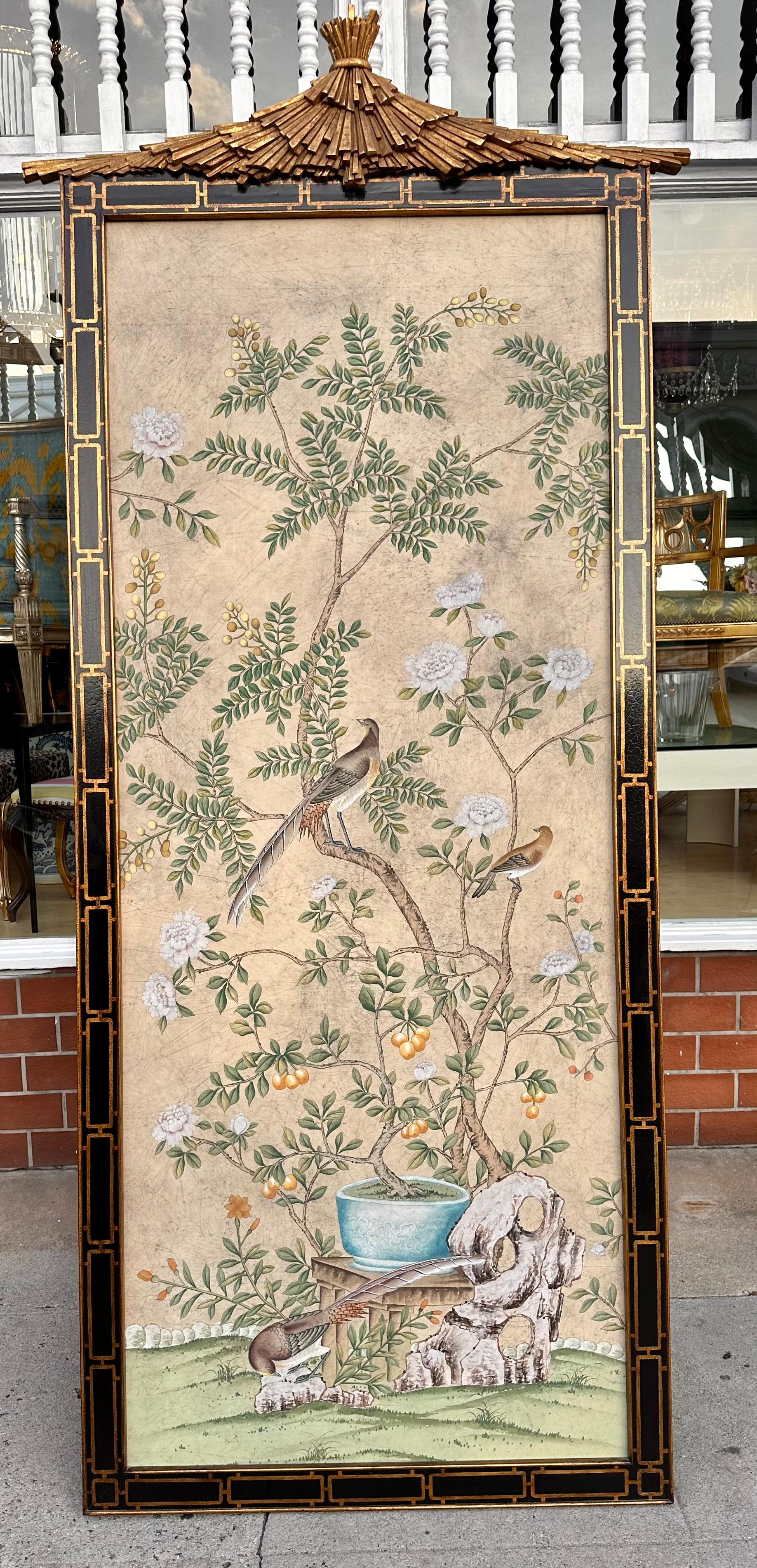 Pair of Huge Dessin Fournir Chinoiserie Giltwood & Black Lacquer Aviary Panel 3