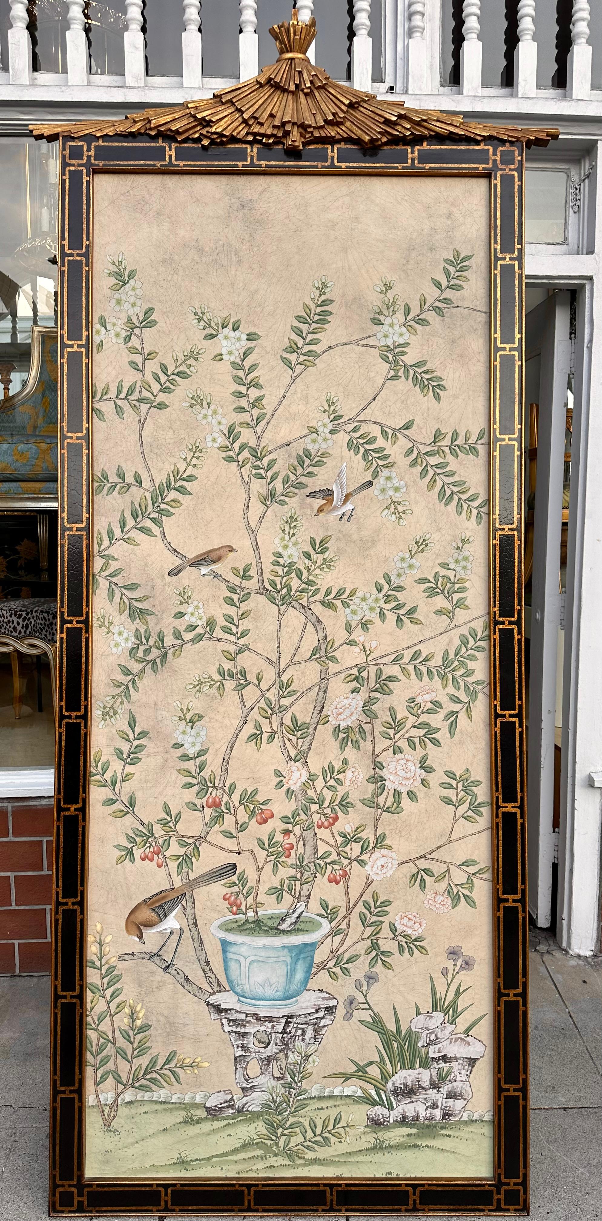 Pair of Huge Dessin Fournir Chinoiserie Giltwood & Black Lacquer Aviary Panel 4