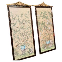 Pair of Huge Dessin Fournir Chinoiserie Giltwood & Black Lacquer Aviary Panel