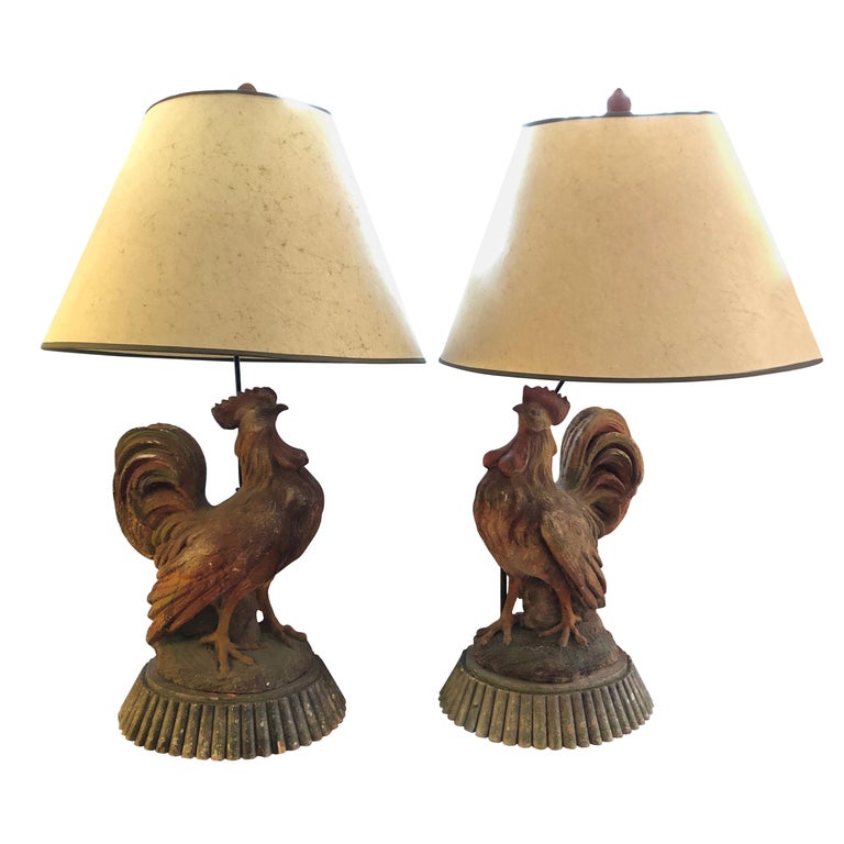 Pair Of Huge Dramatic Rooster Lamps, Antique Rooster Lamp