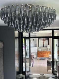 Pair of Huge Dramatic Smoked Grey Murano Chandeliers in Carlo Scarpa style.