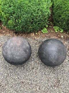 Pair of Huge 19th C English Hand Carved Sandstone Spheres Painted Matte Black