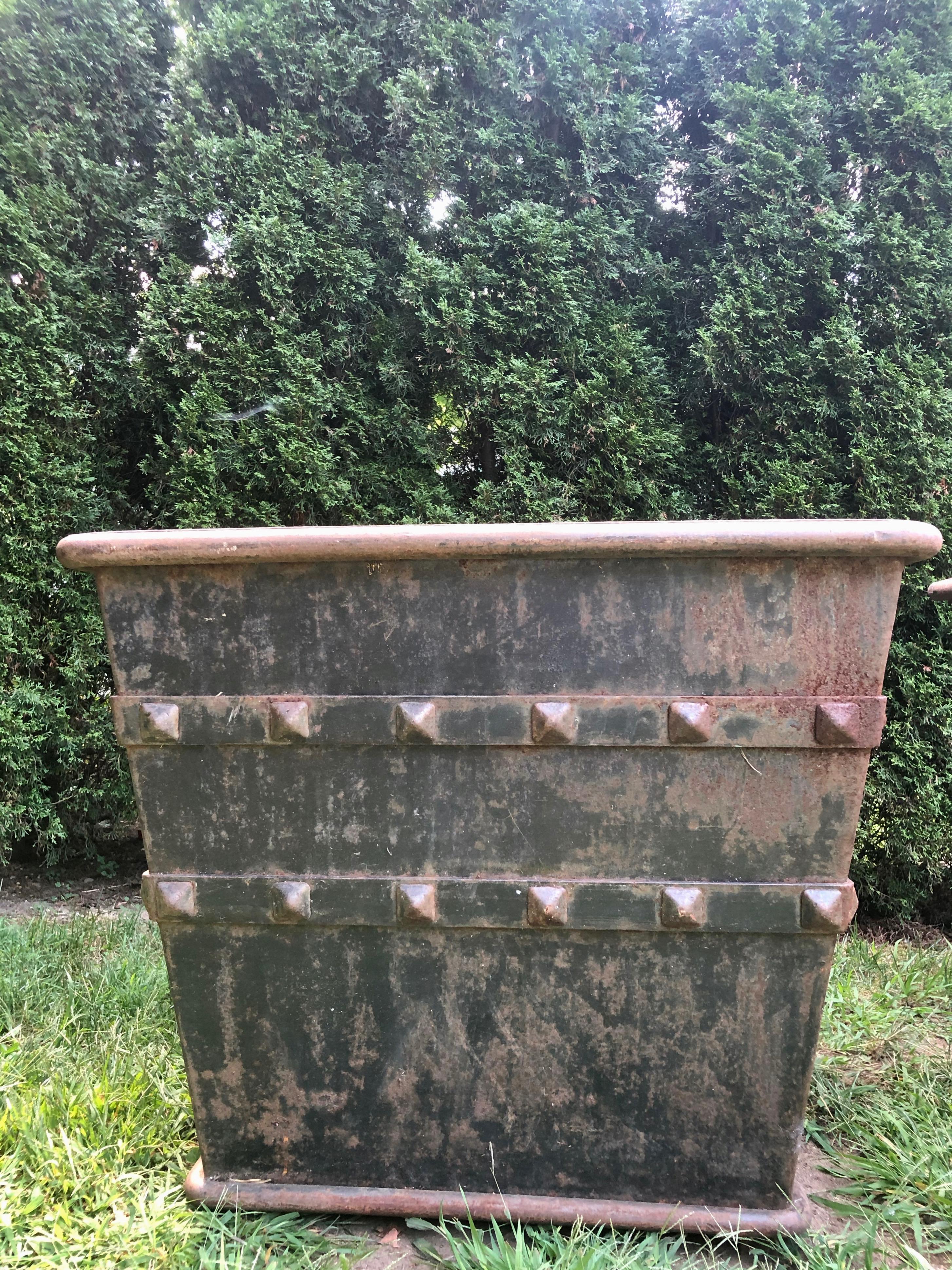 20th Century Pair of Huge French Iron Box Planters with Studded Decoration