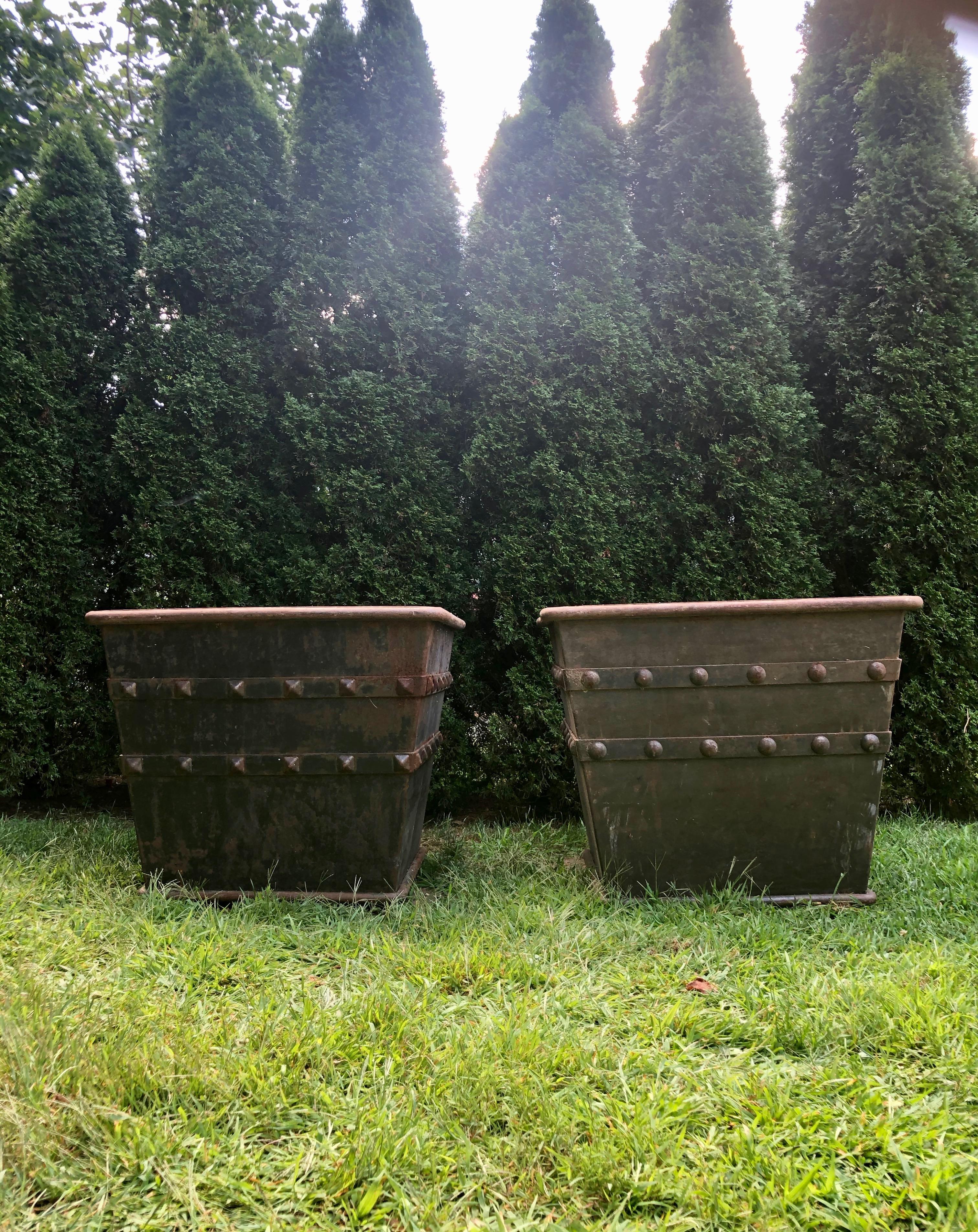 Pair of Huge French Iron Box Planters with Studded Decoration 1