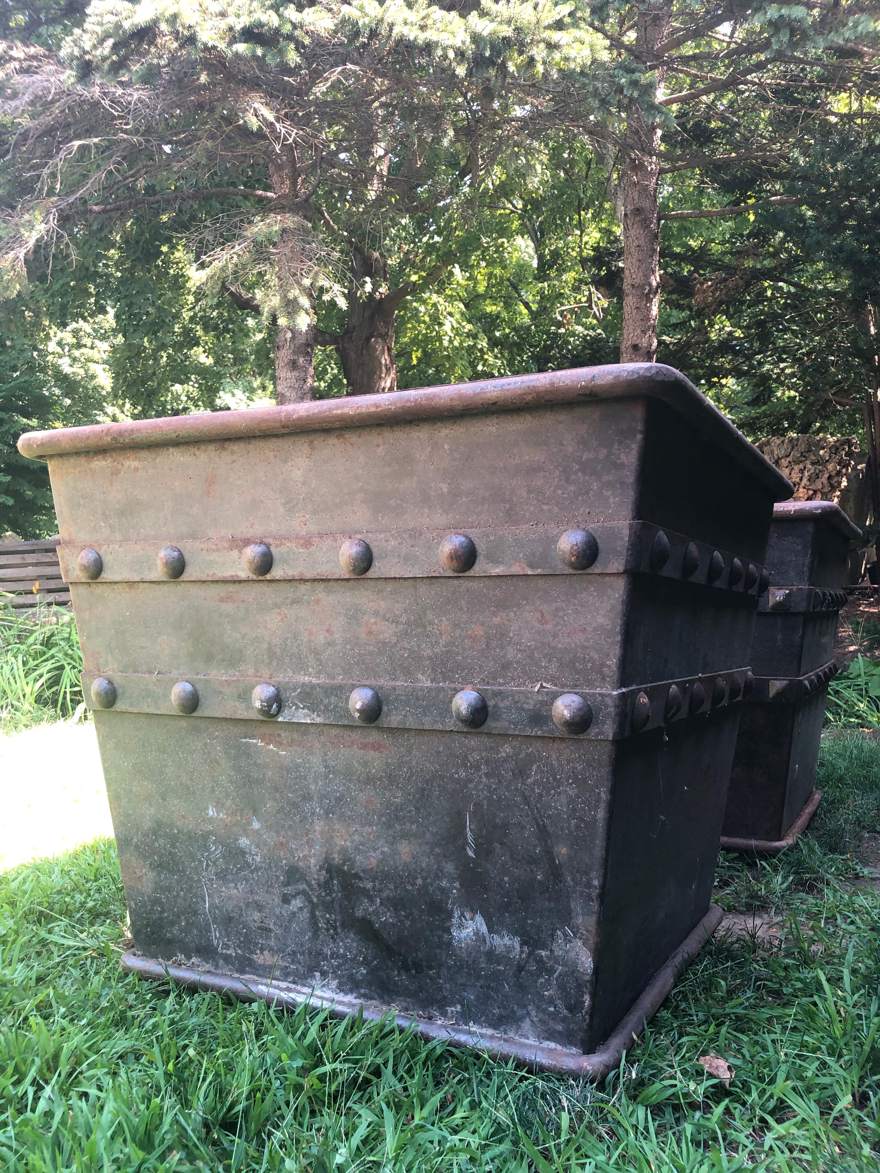 Pair of Huge French Iron Box Planters with Studded Decoration 2