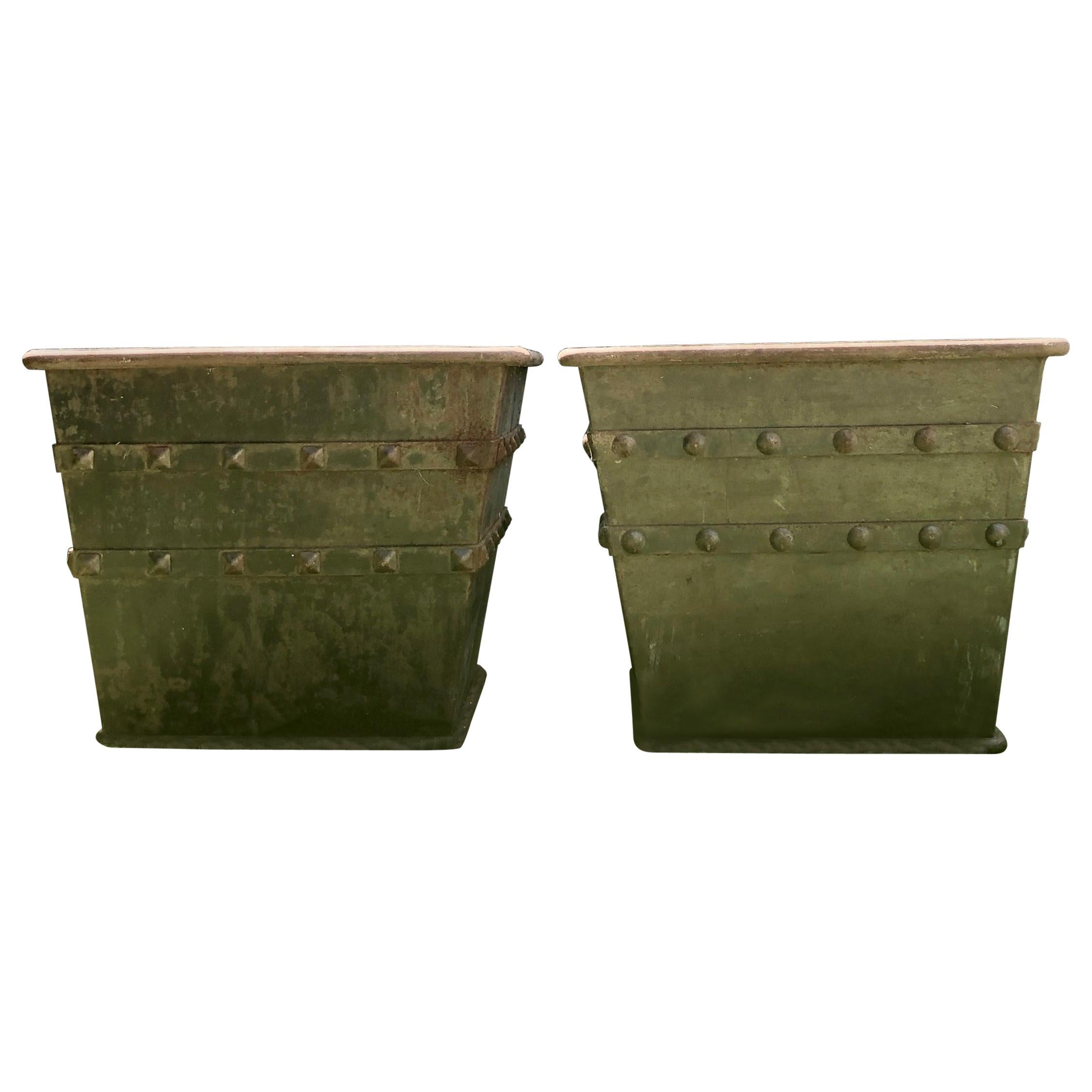 Pair of Huge French Iron Box Planters with Studded Decoration