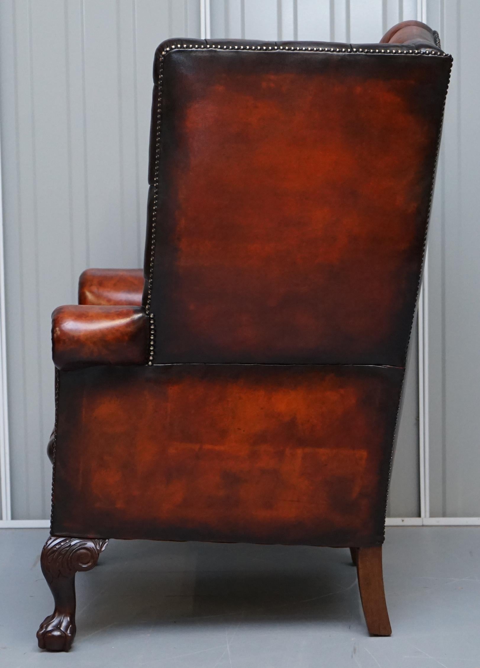 Pair of Huge Georgian Chesterfield Brown Leather Wingback Armchairs Claw & Ball 6