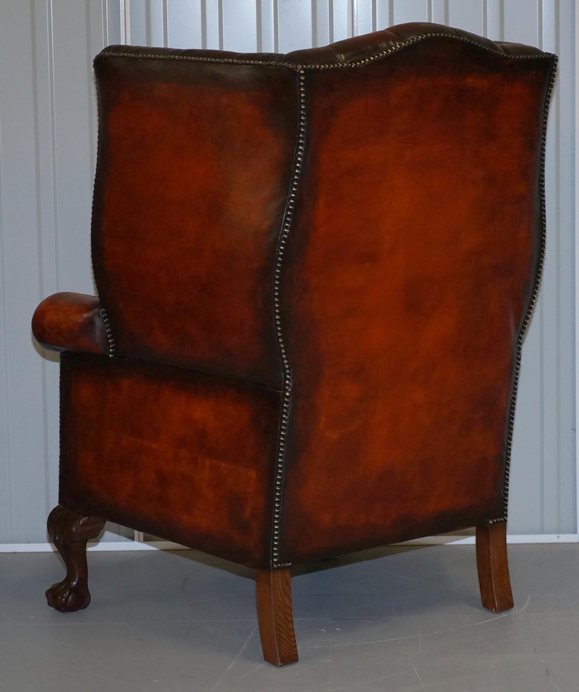 Pair of Huge Georgian Chesterfield Brown Leather Wingback Armchairs Claw & Ball 7